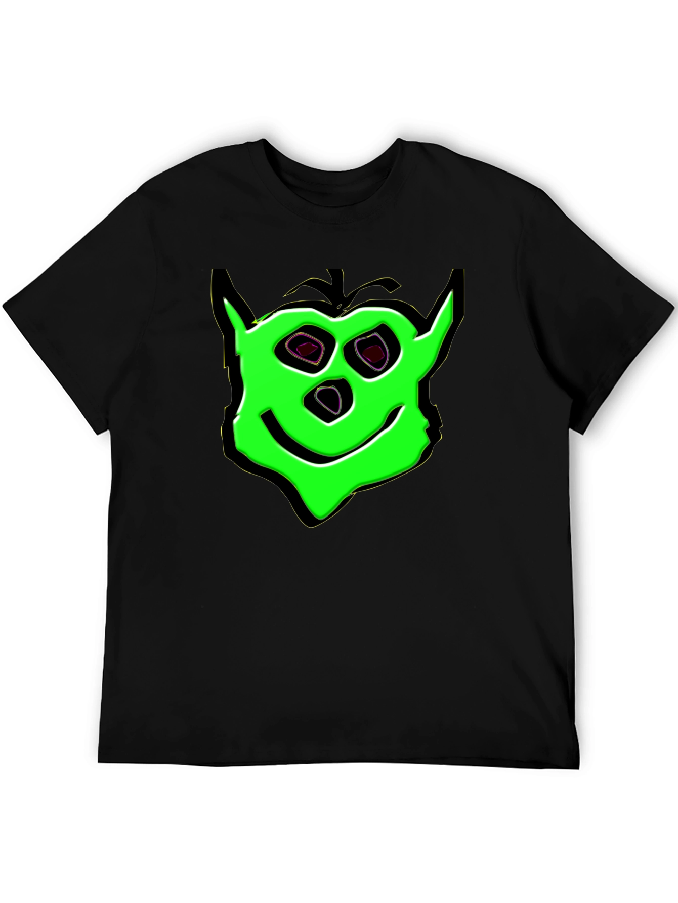 Green Cartoon Face Black T-Shirt