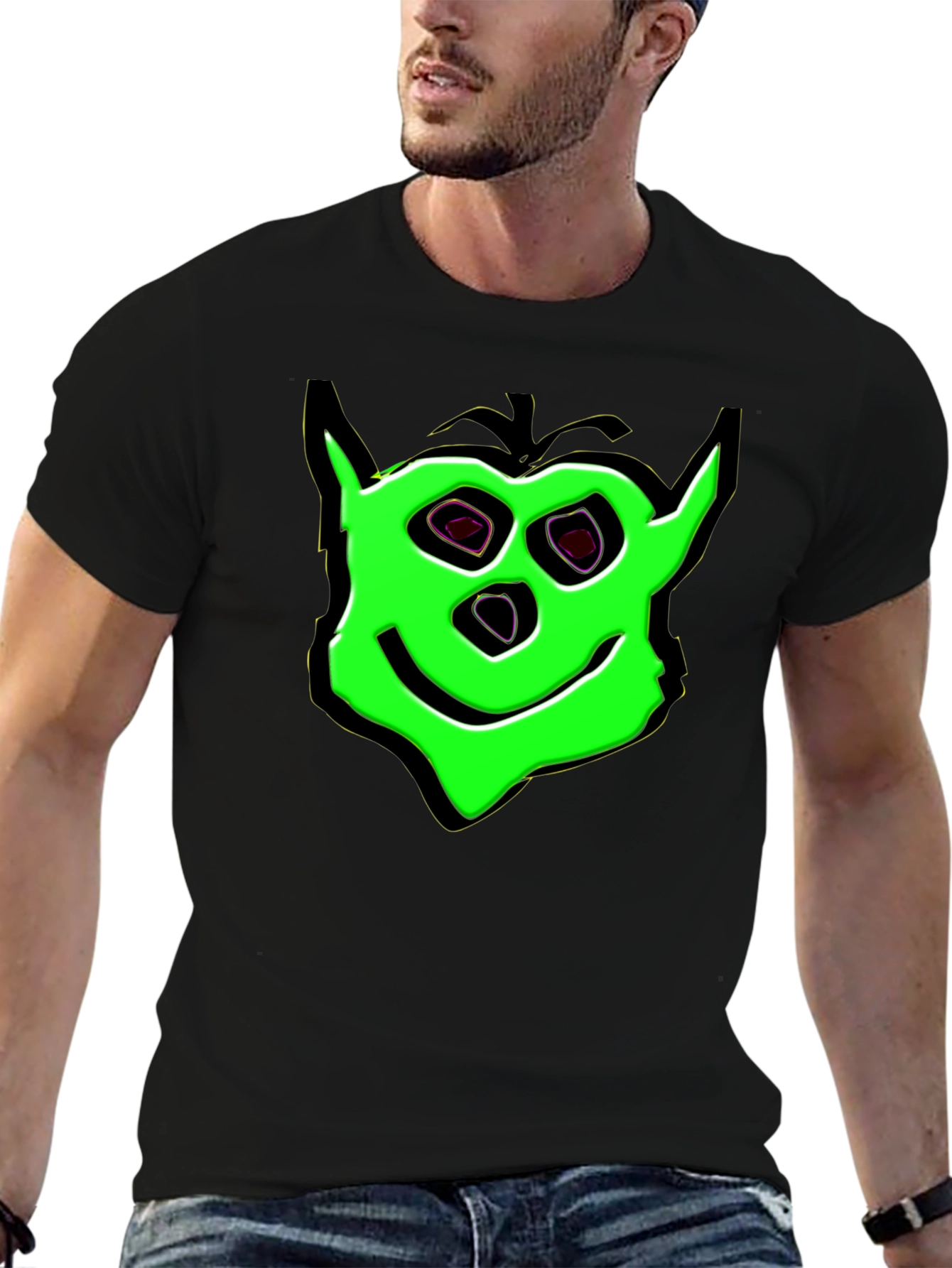 Green Cartoon Face Black T-Shirt