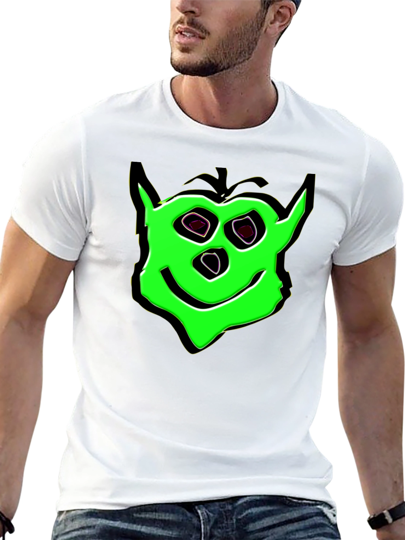 Green Cartoon Face Black T-Shirt