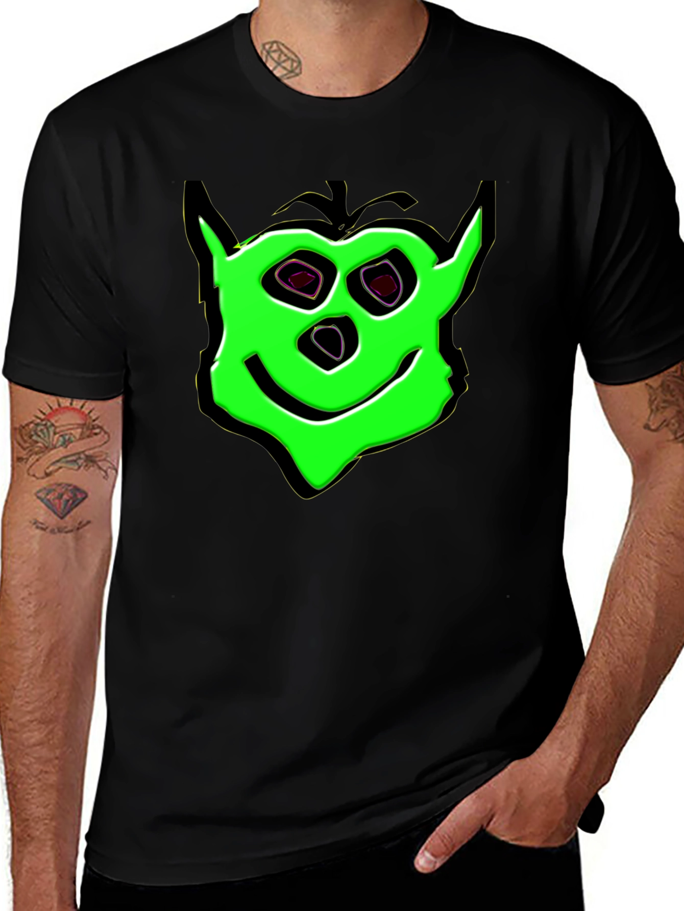 Green Cartoon Face Black T-Shirt