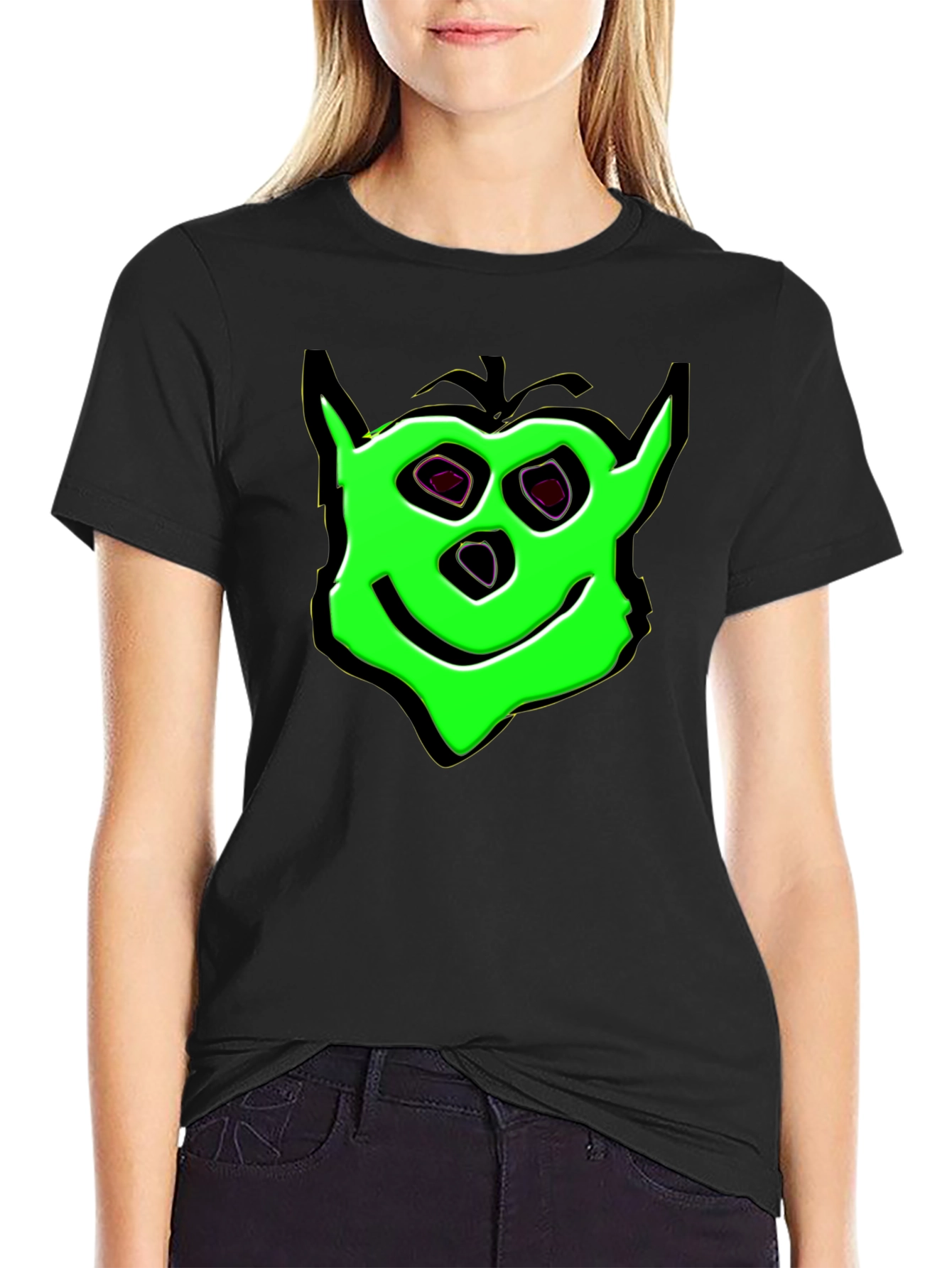 Green Cartoon Face Black T-Shirt
