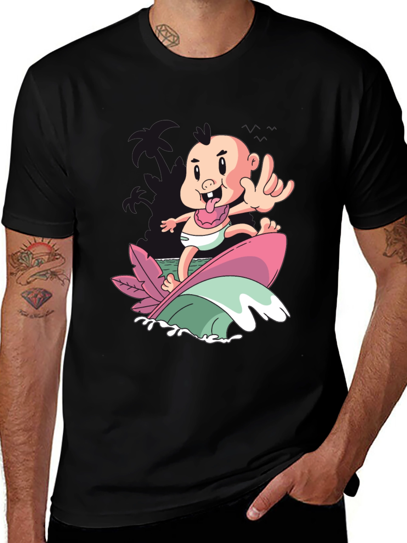 Surfing Baby Graphic T-Shirt - Cool Cartoon Tee
