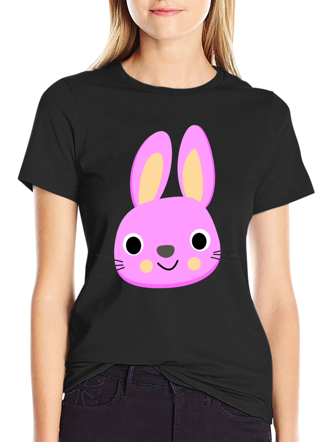 Cute Bunny Graphic Tee - Black Cotton Shirt