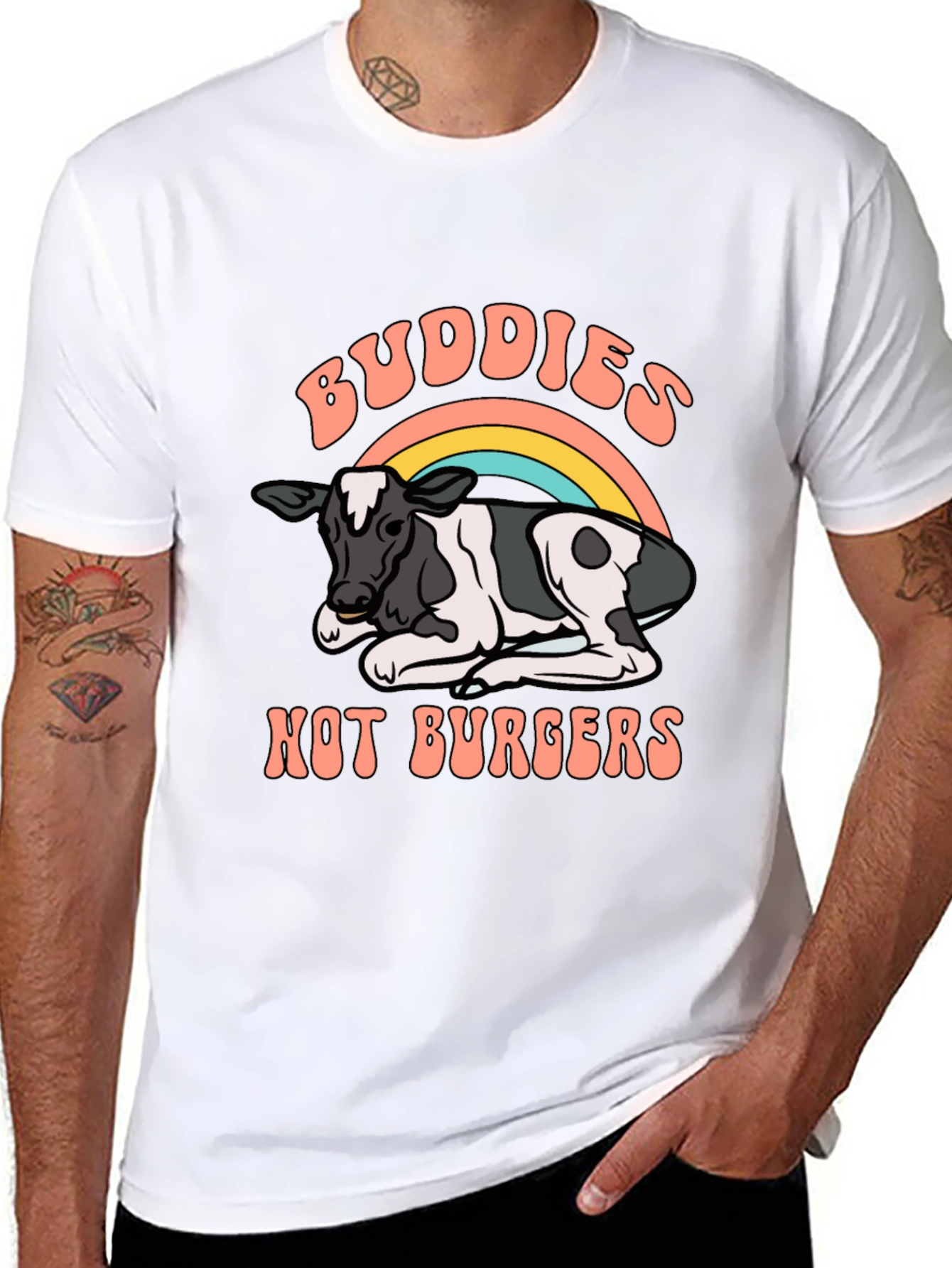 Buddies Not Burgers T-Shirt - Vegan Rainbow Cow Tee