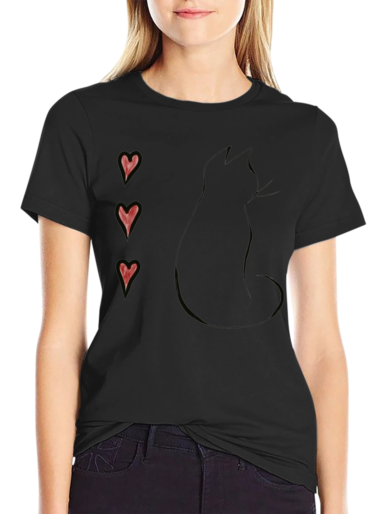 Black Cat Silhouette T-Shirt with Heart Accents