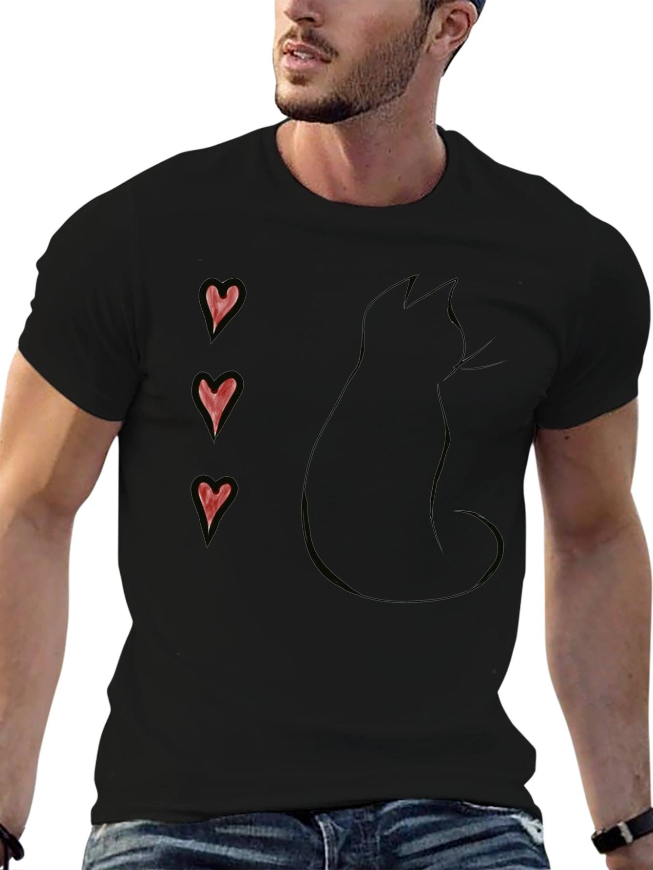 Black Cat Silhouette T-Shirt with Heart Accents