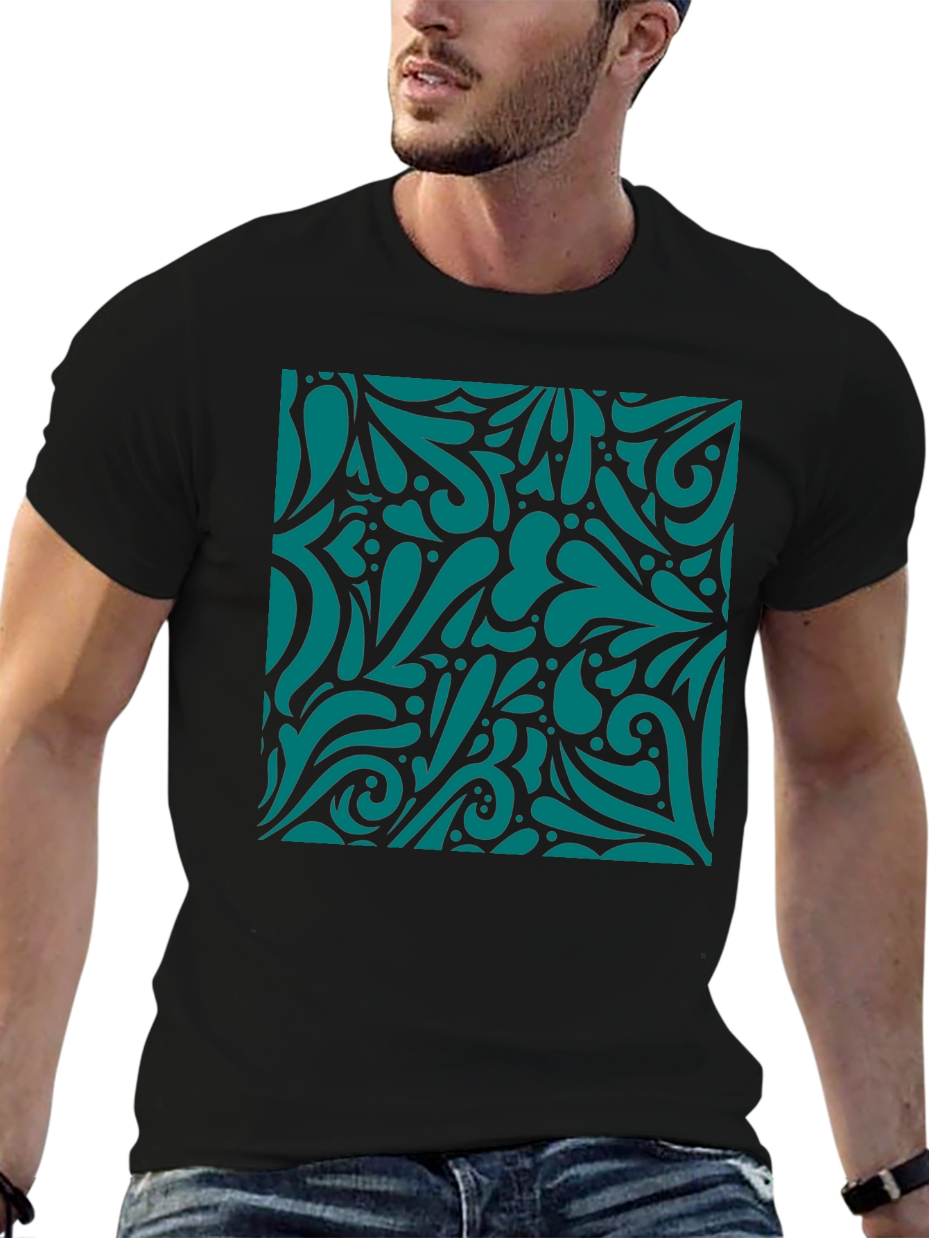 Abstract Swirl Print Black T-Shirt