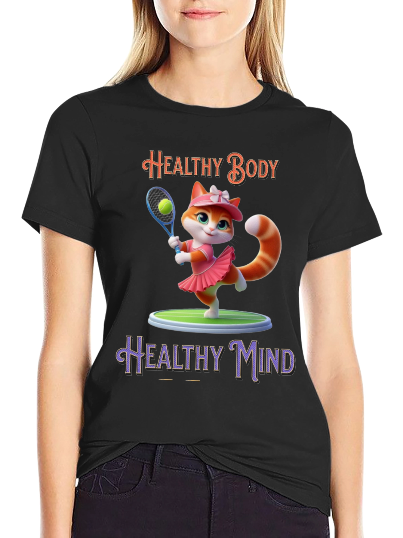 Healthy Body Healthy Mind T-Shirt Cat Tennis