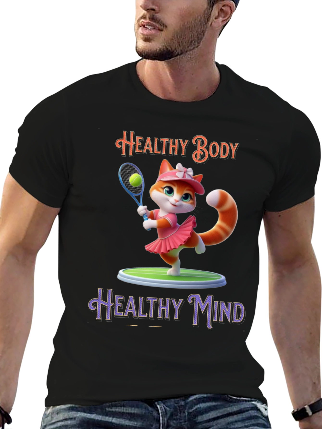 Healthy Body Healthy Mind T-Shirt Cat Tennis