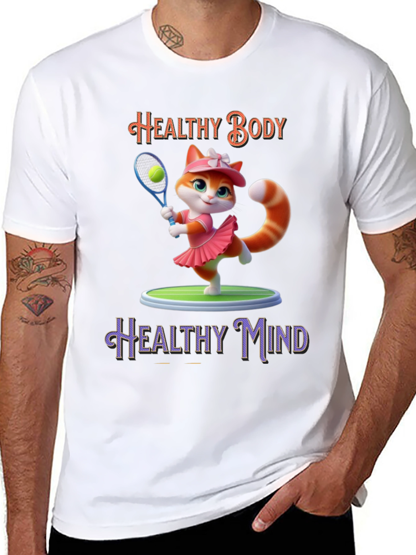 Healthy Body Healthy Mind T-Shirt Cat Tennis