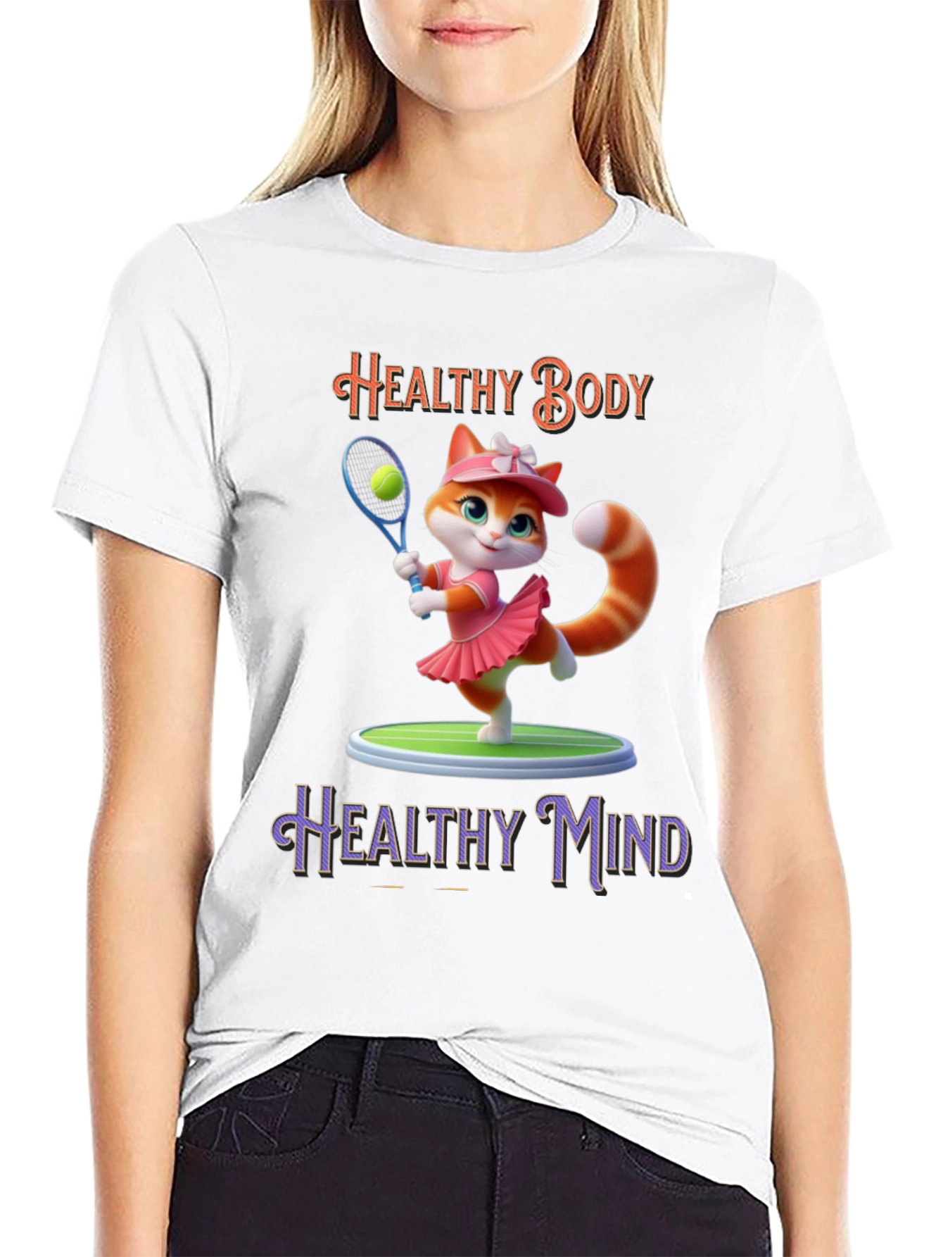 Healthy Body Healthy Mind T-Shirt Cat Tennis