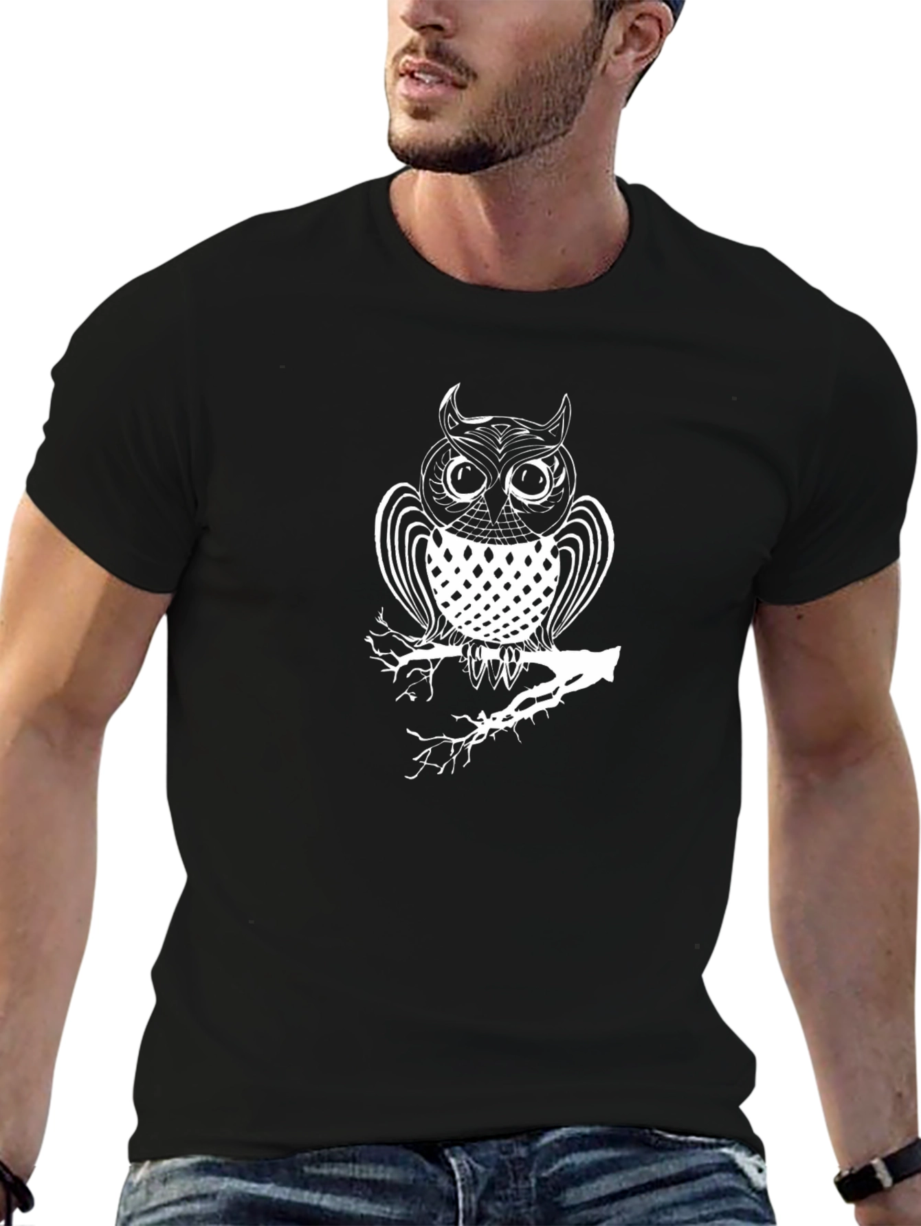 Mens Black Owl Graphic T-Shirt