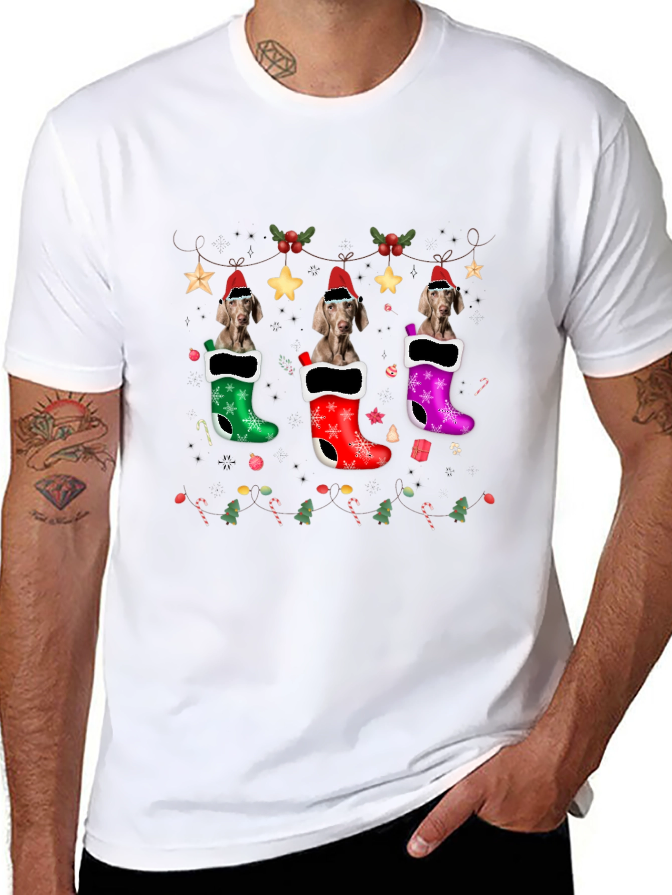 Festive Dog in Stockings Holiday T-Shirt