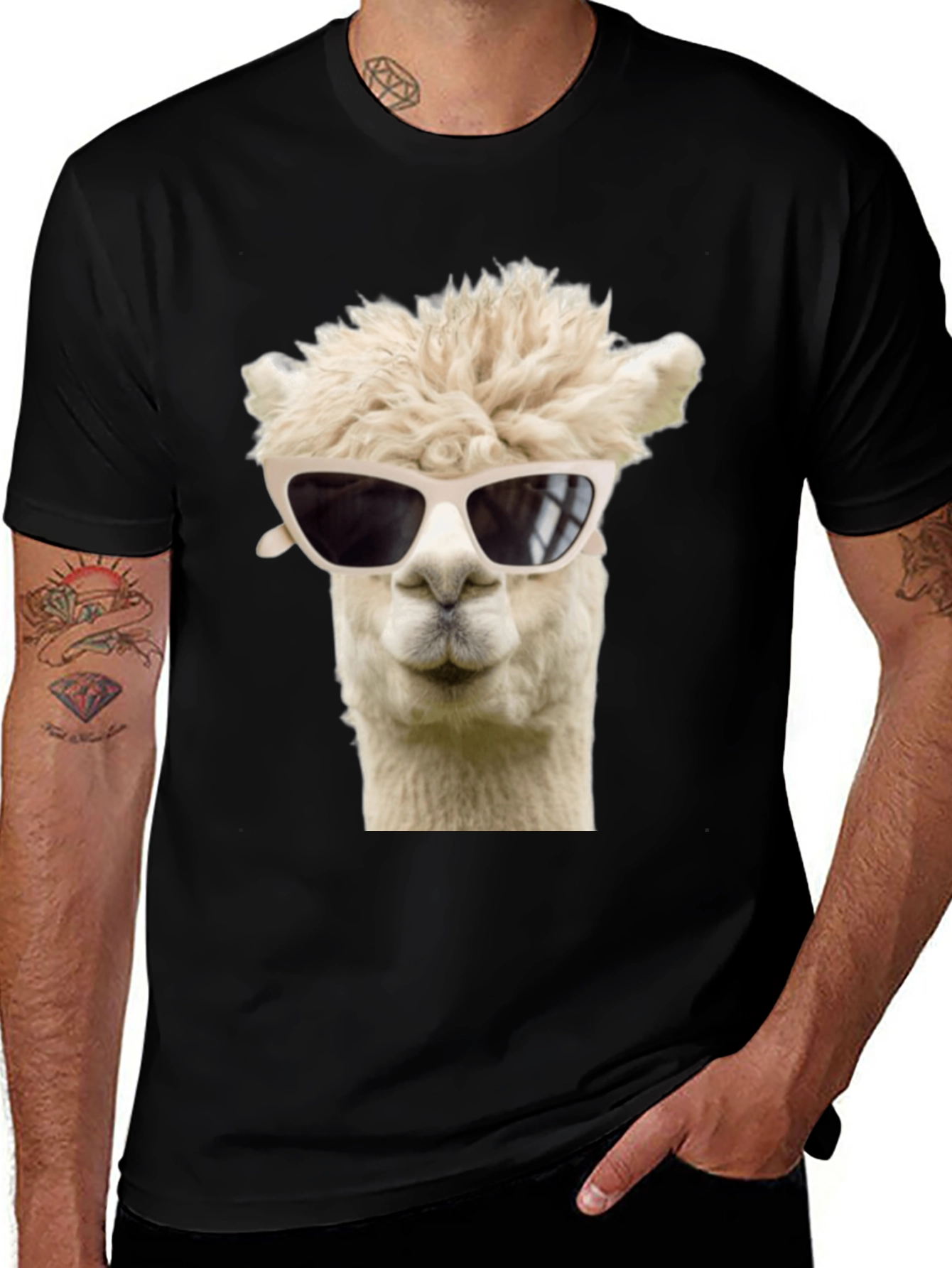 Cool Alpaca T-Shirt - Black Cotton Tee with Sunglasses