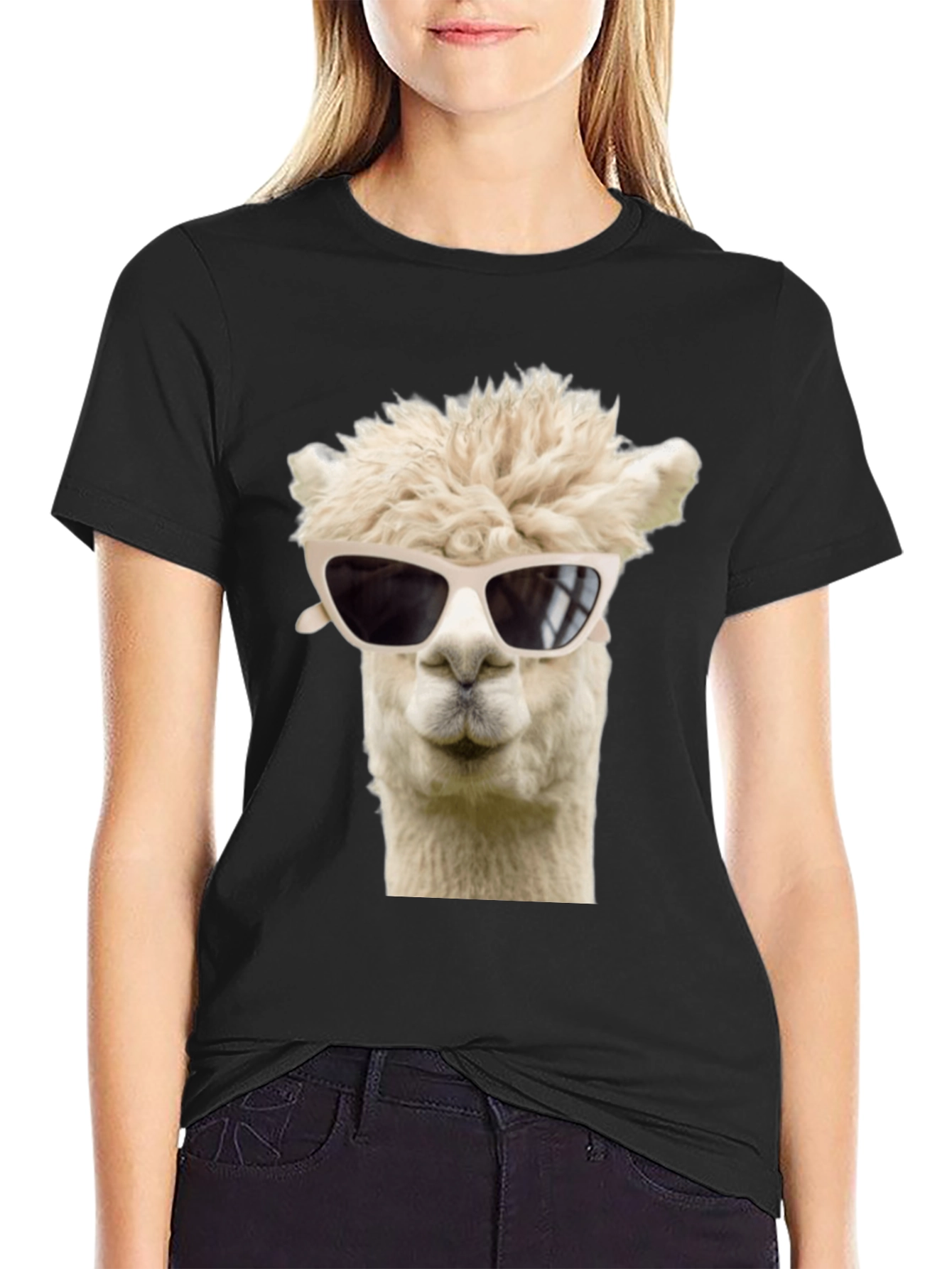Cool Alpaca T-Shirt - Black Cotton Tee with Sunglasses