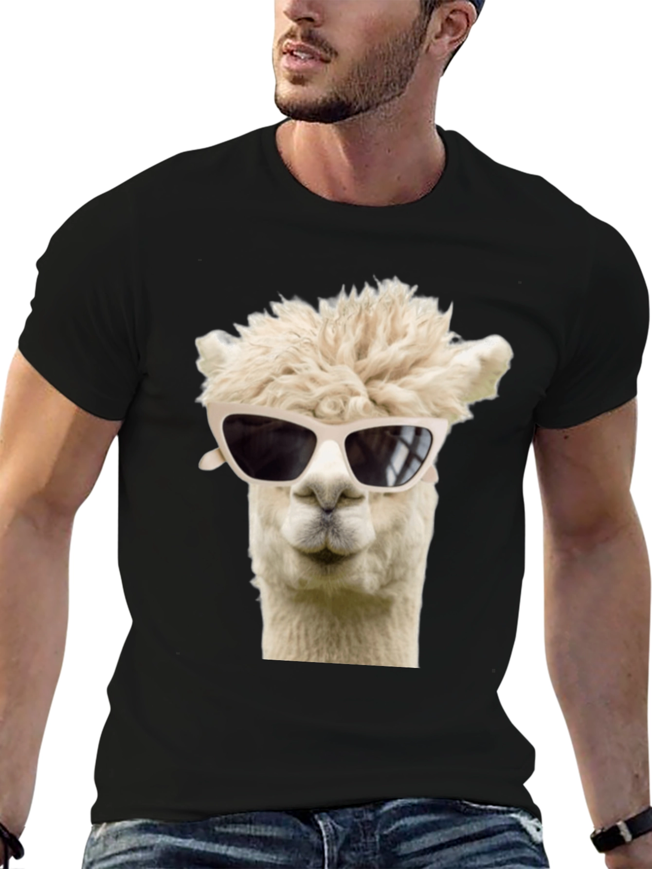 Cool Alpaca T-Shirt - Black Cotton Tee with Sunglasses