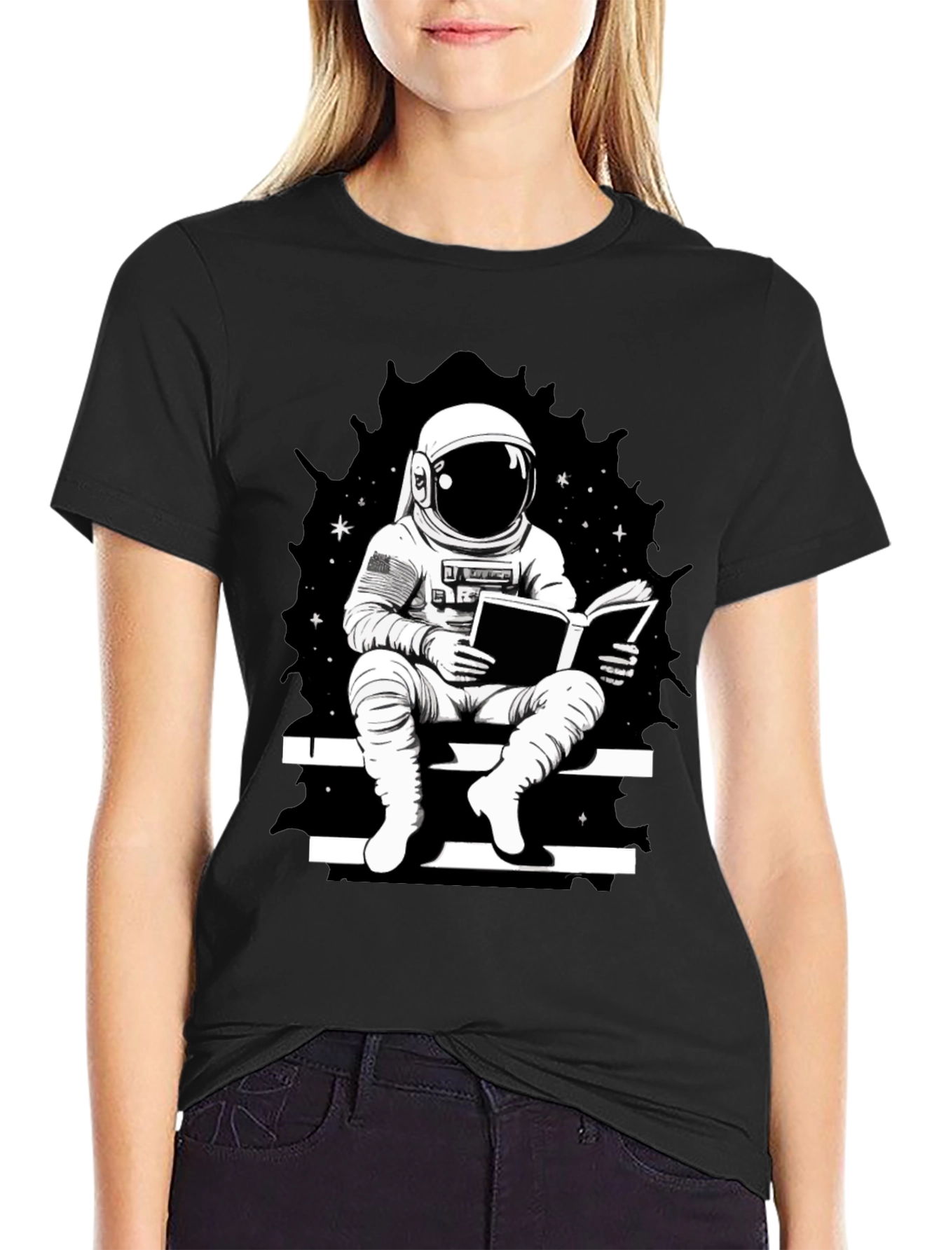 Astronaut Reading Black T-Shirt