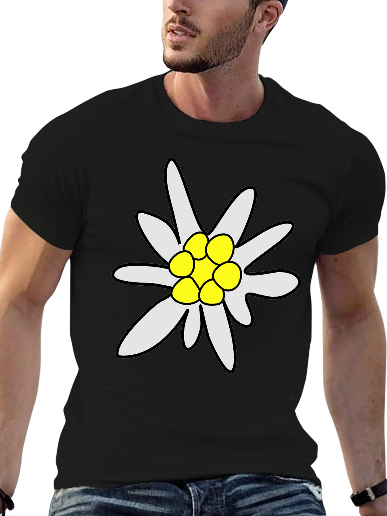 Edelweiss Flower Graphic Tee - Soft Black T-Shirt