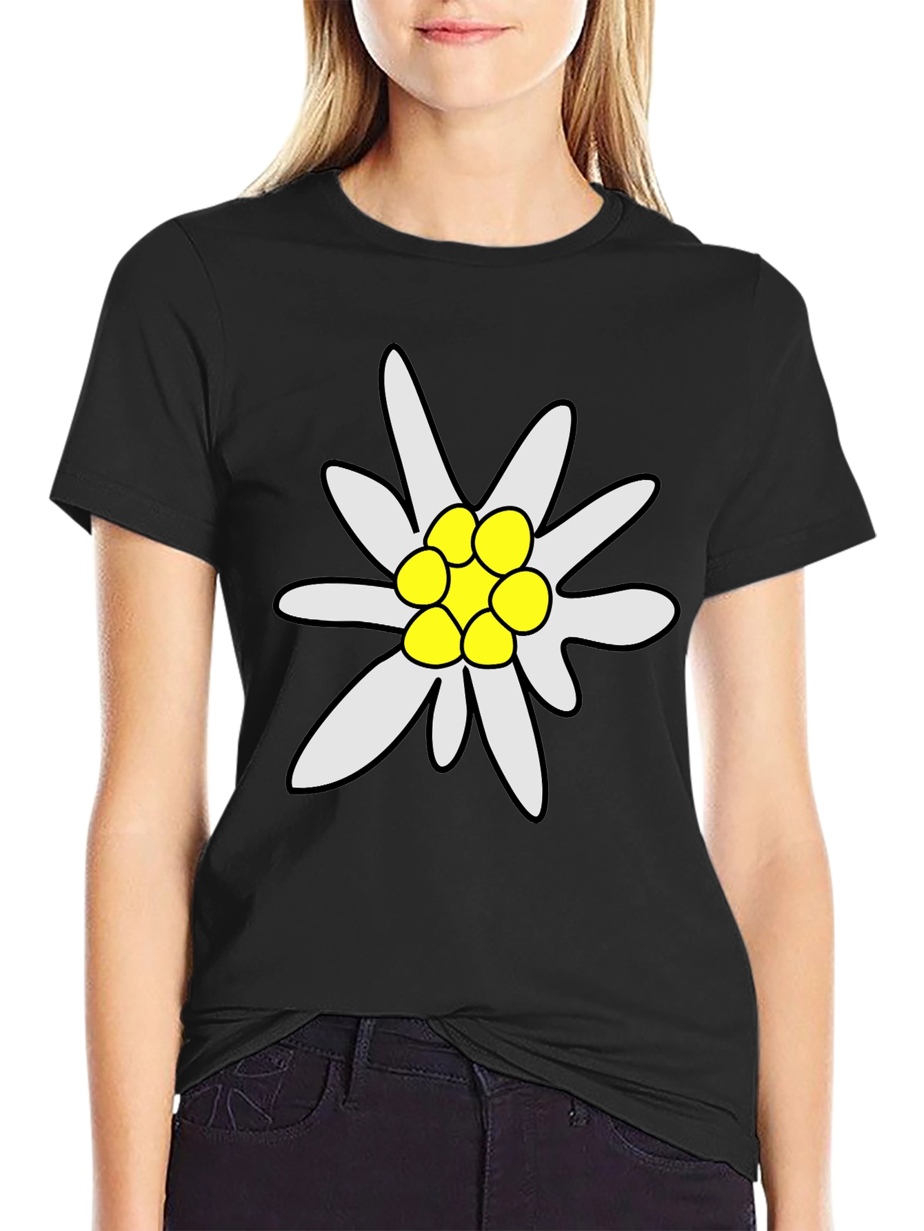 Edelweiss Flower Graphic Tee - Soft Black T-Shirt