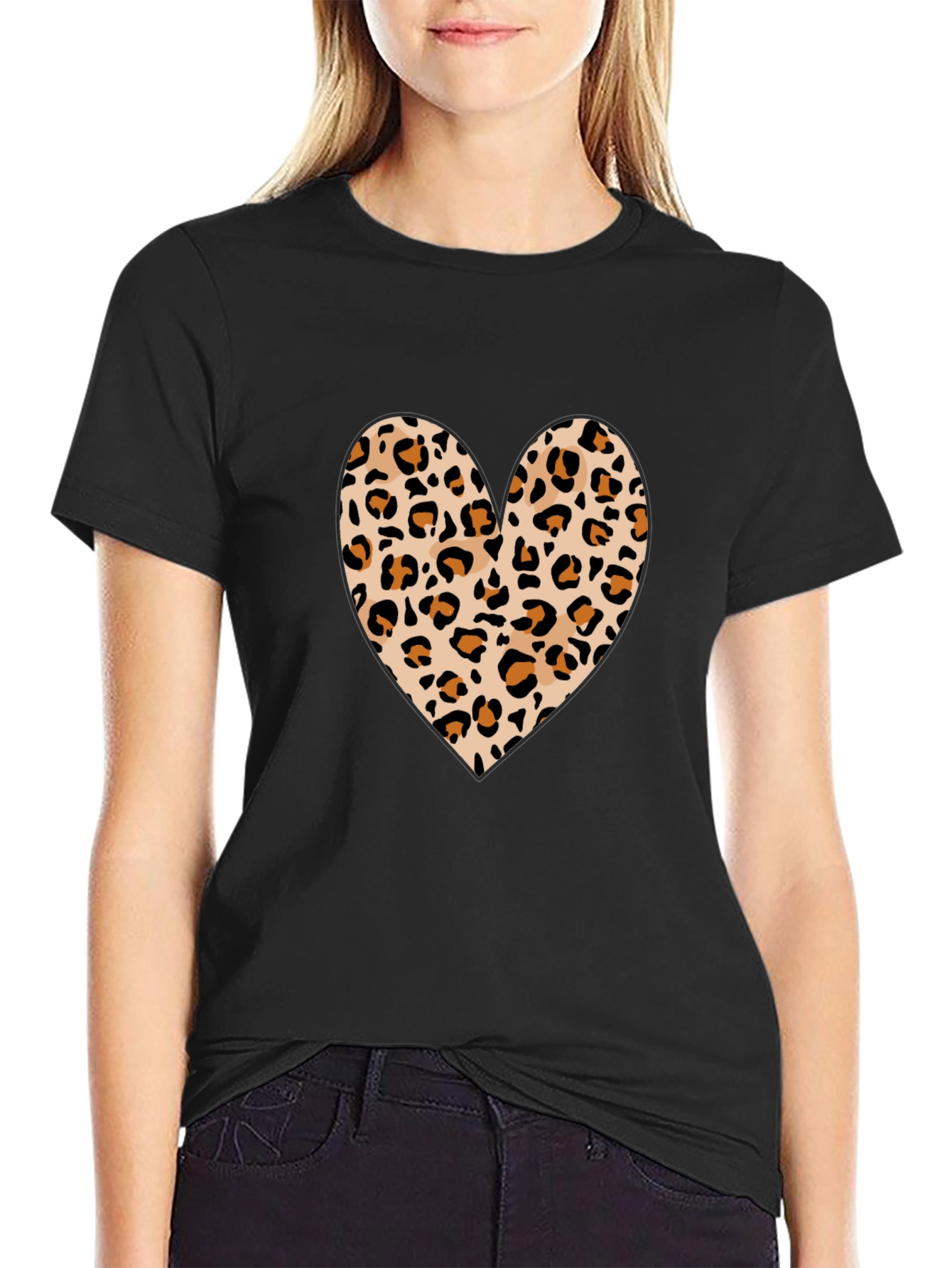 Leopard Print Heart Graphic Tee - Black