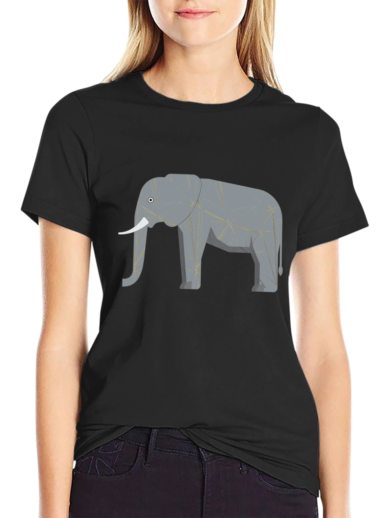Geometric Elephant Print Black T-Shirt