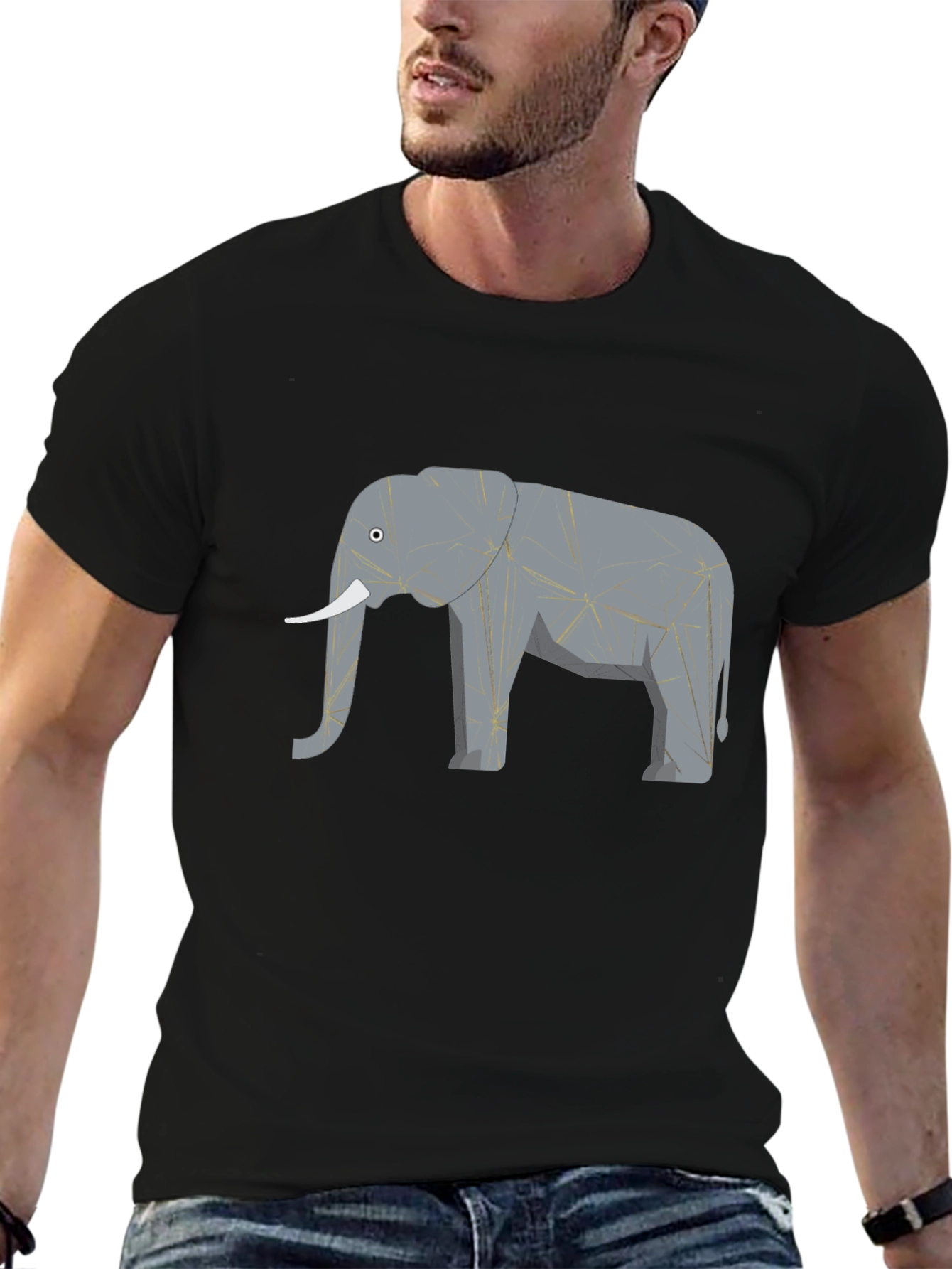 Geometric Elephant Print Black T-Shirt