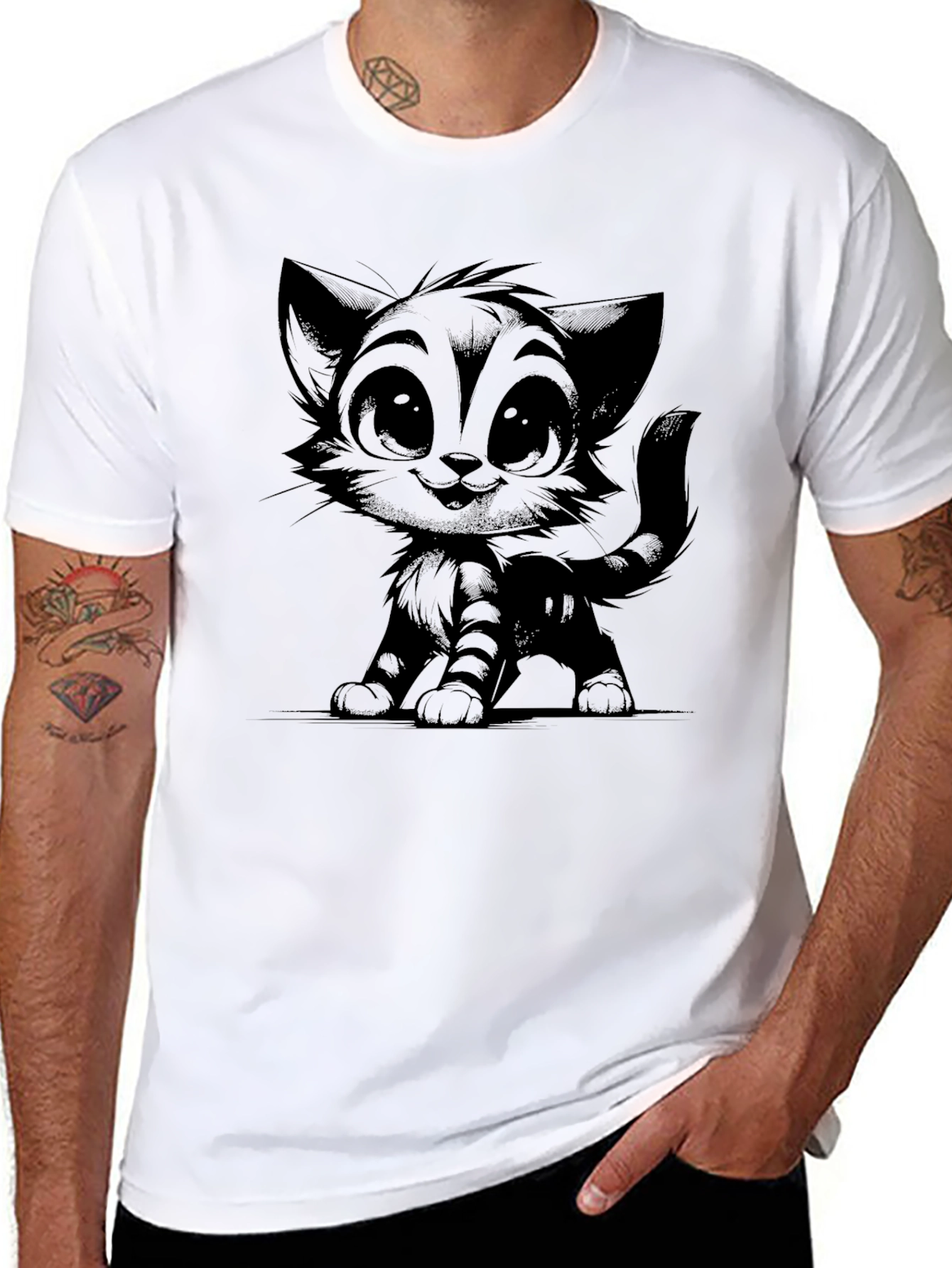 Cute Cartoon Cat Black T-Shirt