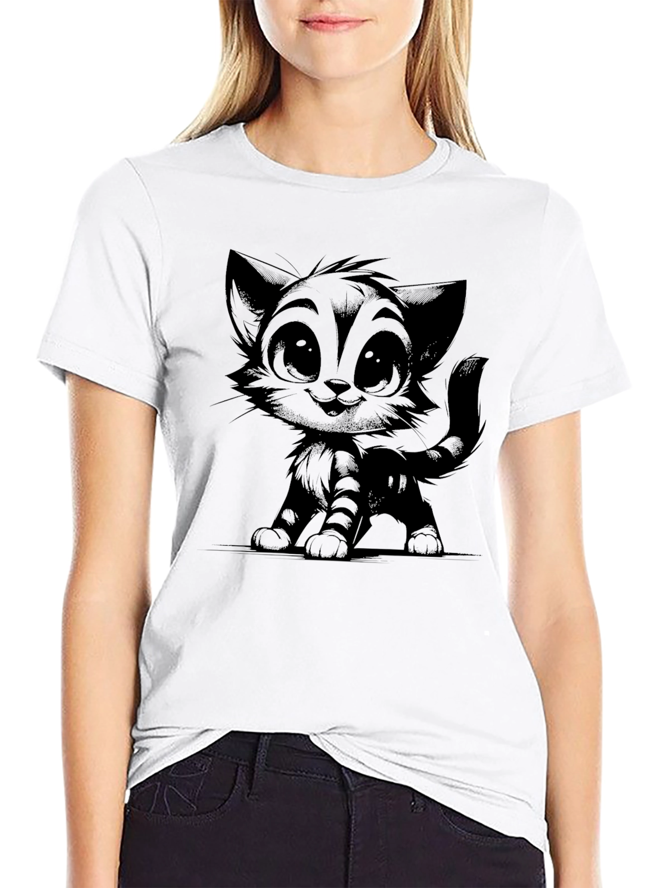 Cute Cartoon Cat Black T-Shirt