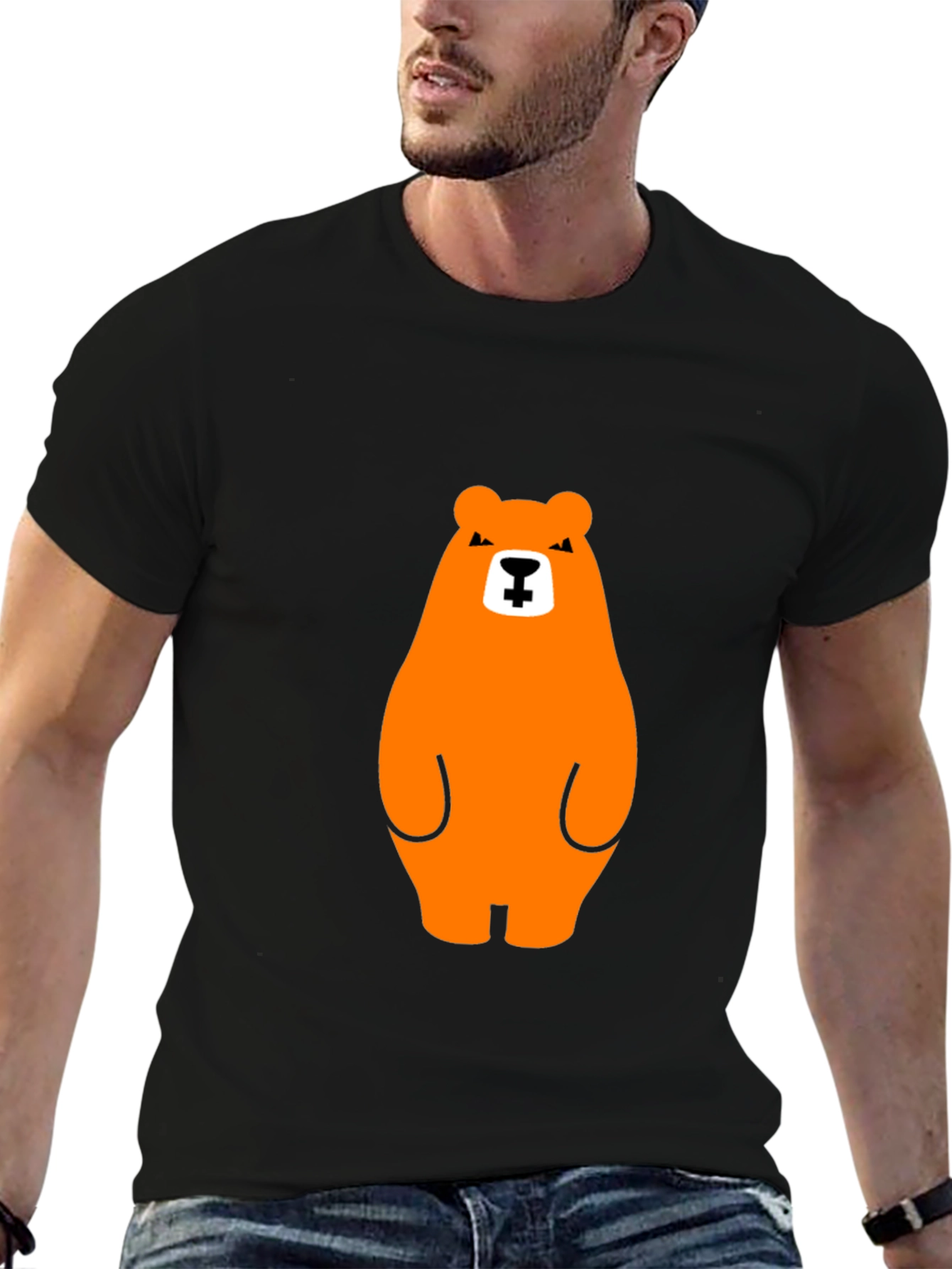 Orange Bear Graphic Tee - Casual Black T-Shirt