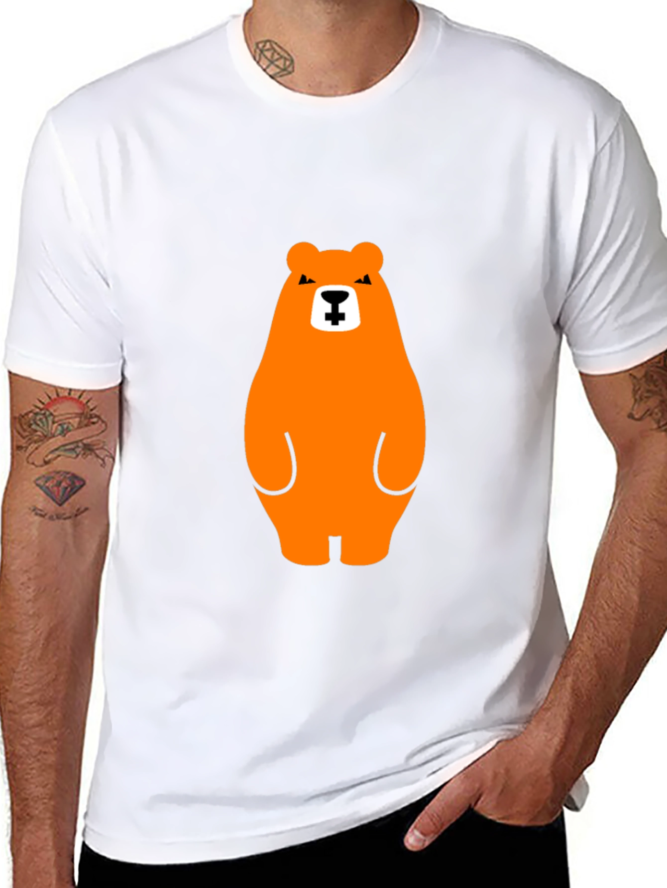 Orange Bear Graphic Tee - Casual Black T-Shirt