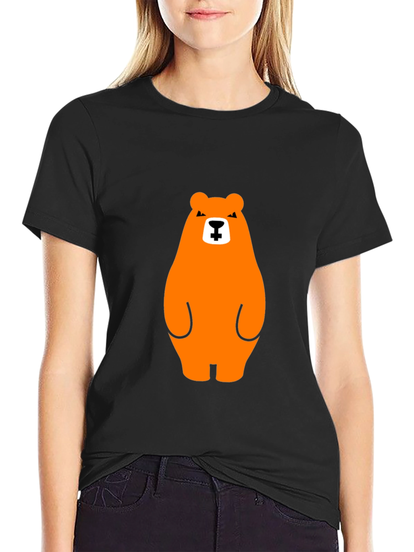 Orange Bear Graphic Tee - Casual Black T-Shirt