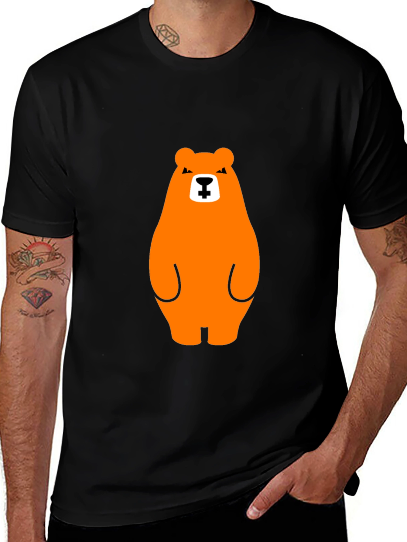 Orange Bear Graphic Tee - Casual Black T-Shirt