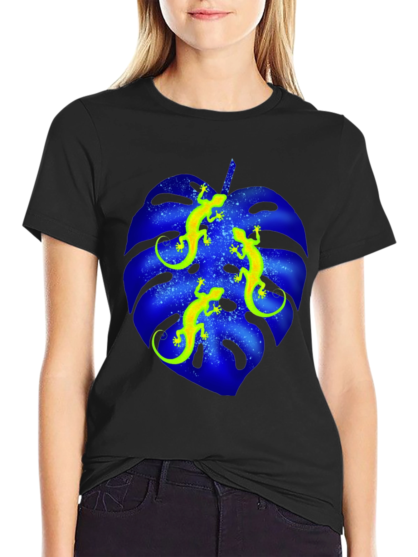 Lizard Monstera Leaf Graphic Tee - Black