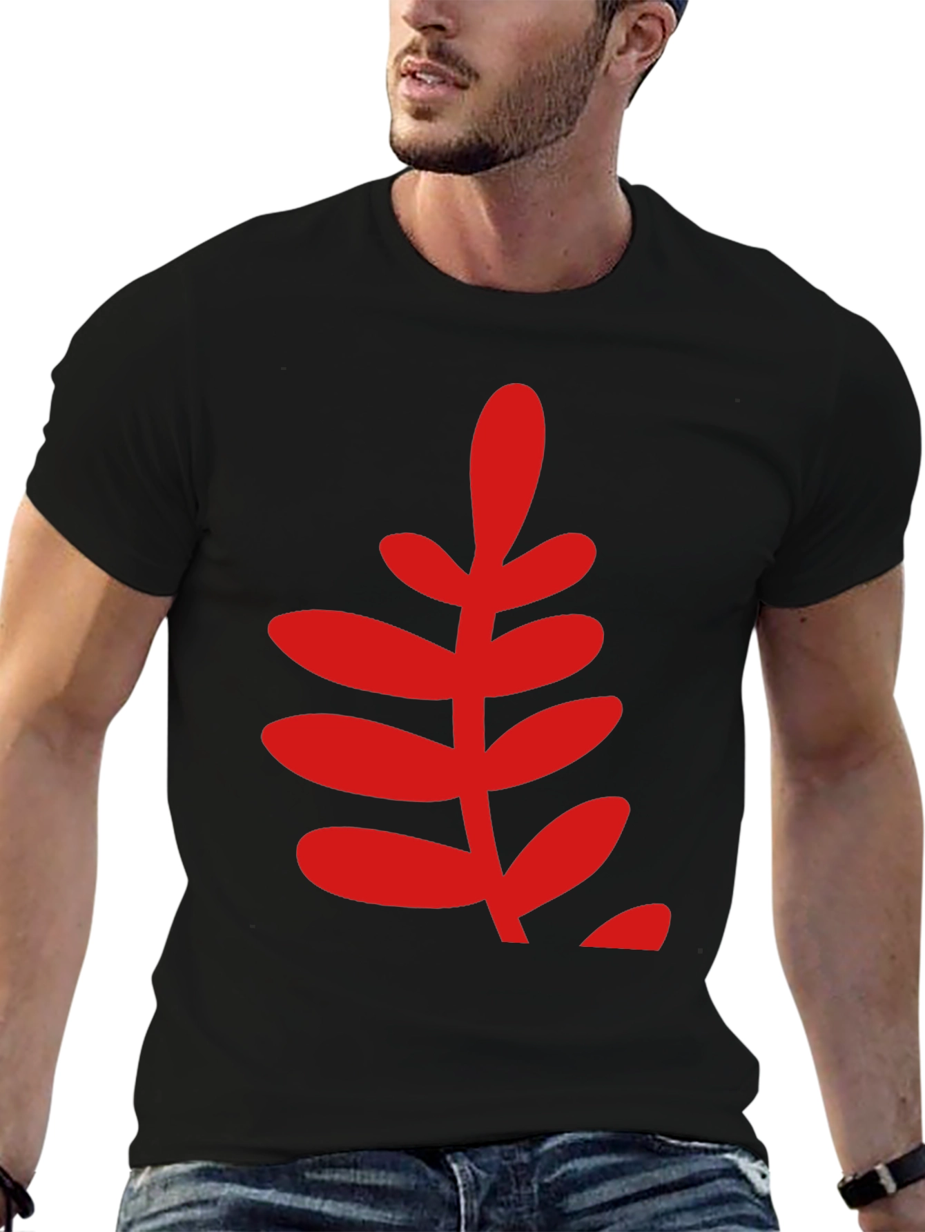 Bold Red Leaf Graphic Print Black T-Shirt