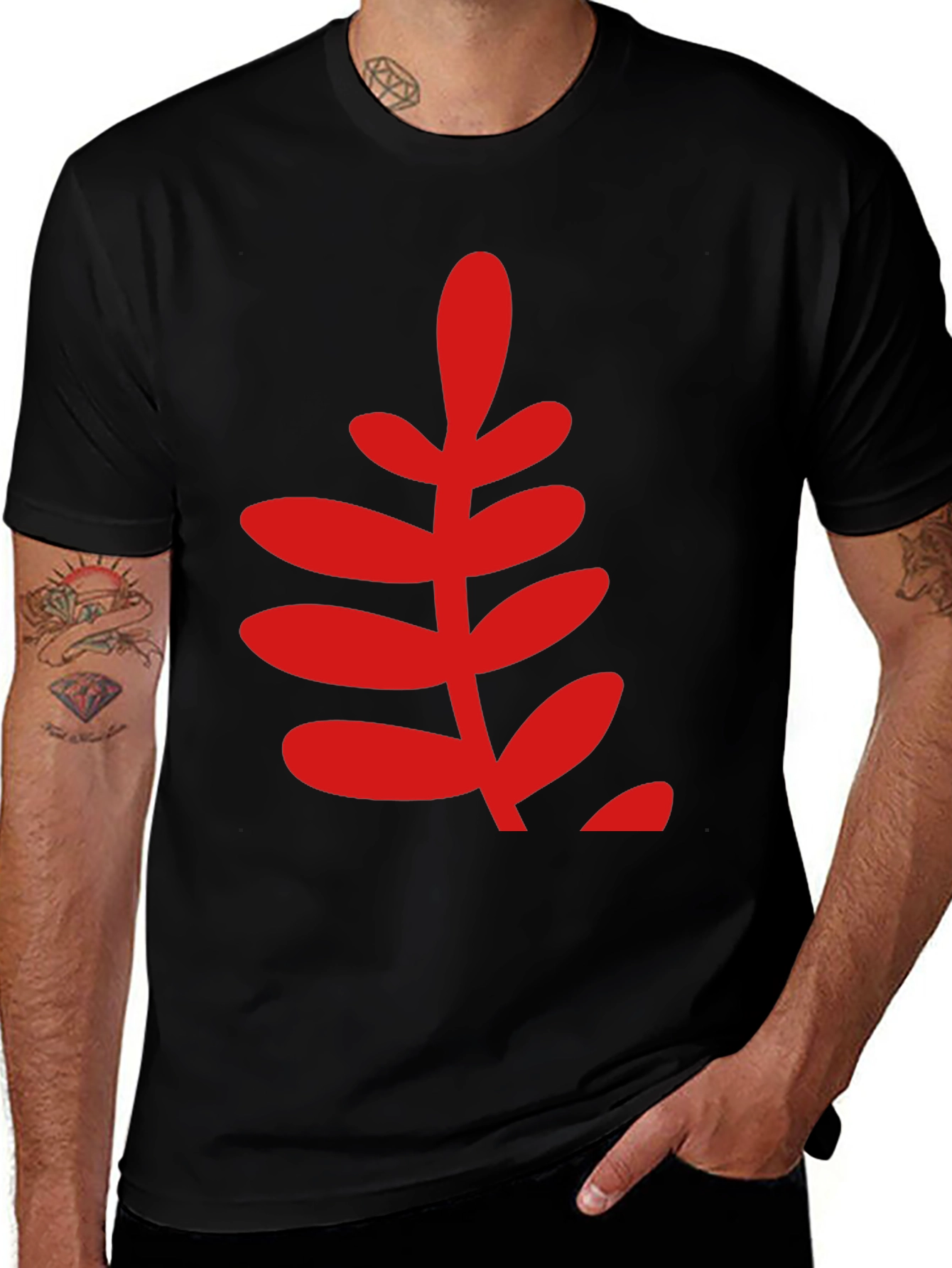 Bold Red Leaf Graphic Print Black T-Shirt