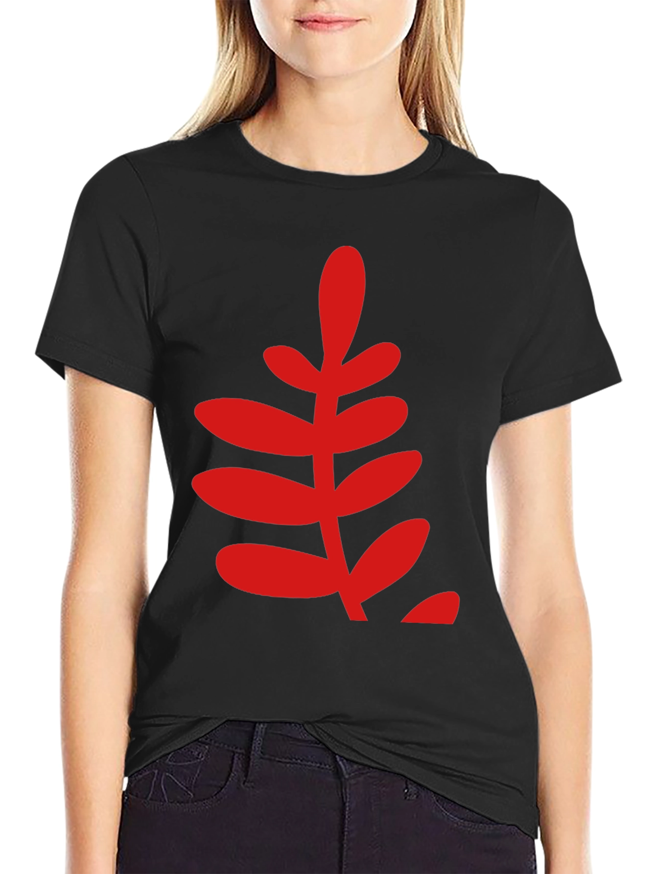 Bold Red Leaf Graphic Print Black T-Shirt