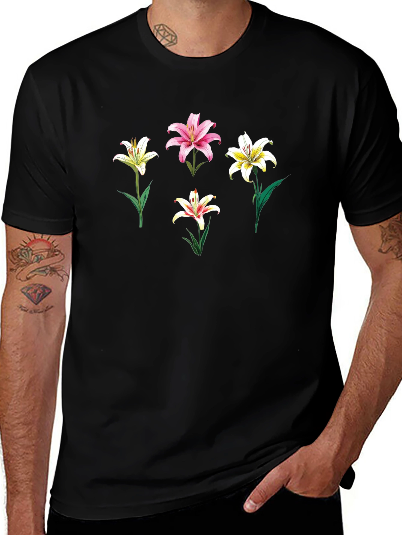 Floral Lily Print Black T-Shirt