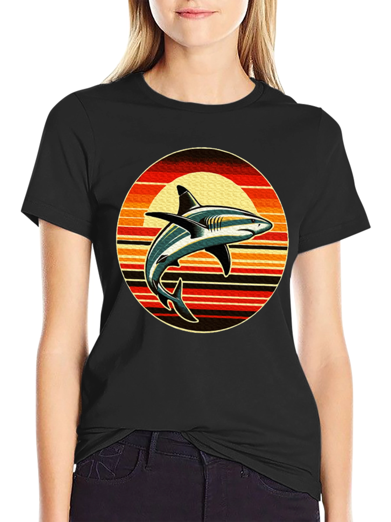 Retro Shark Sunset Graphic Tee - Black