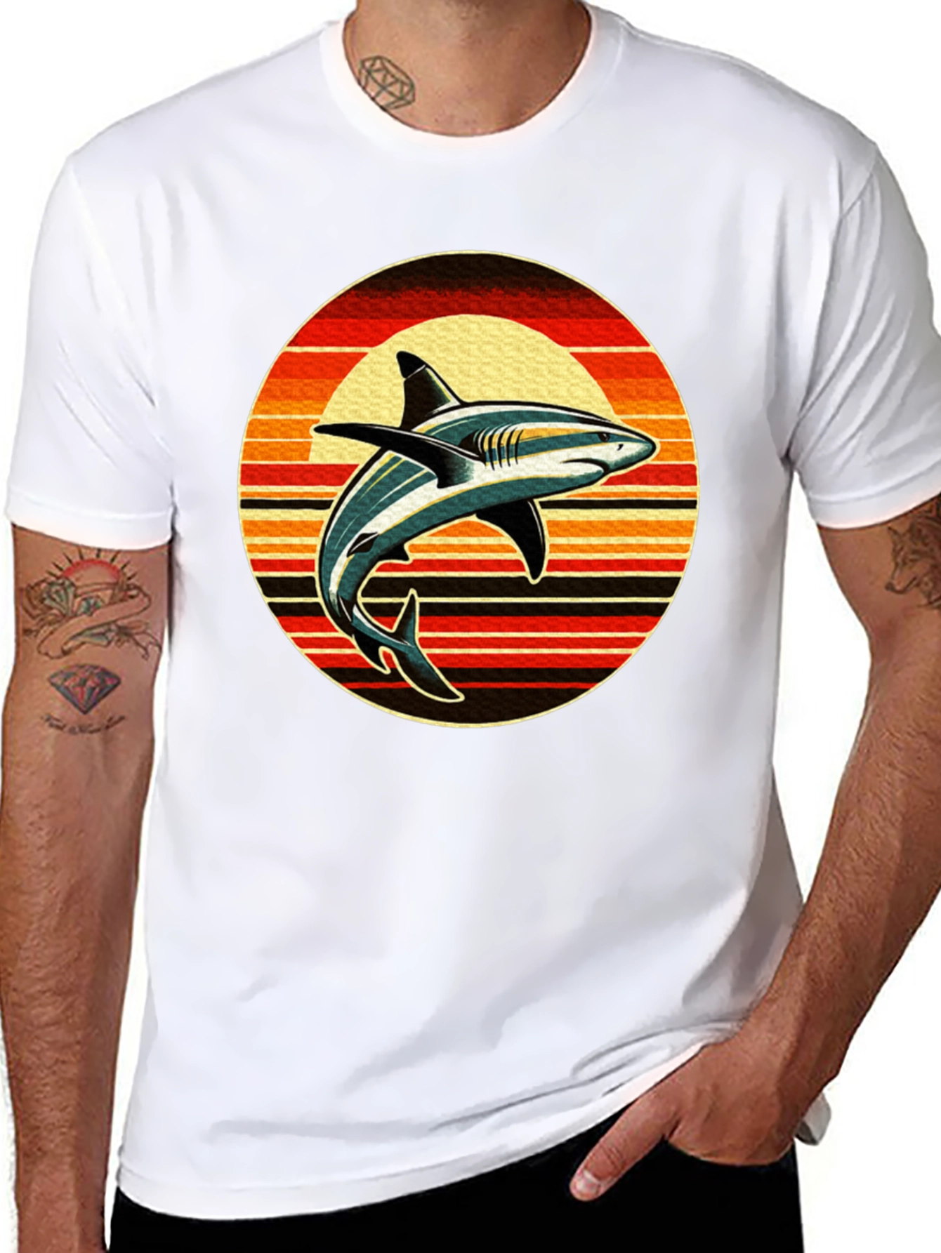Retro Shark Sunset Graphic Tee - Black