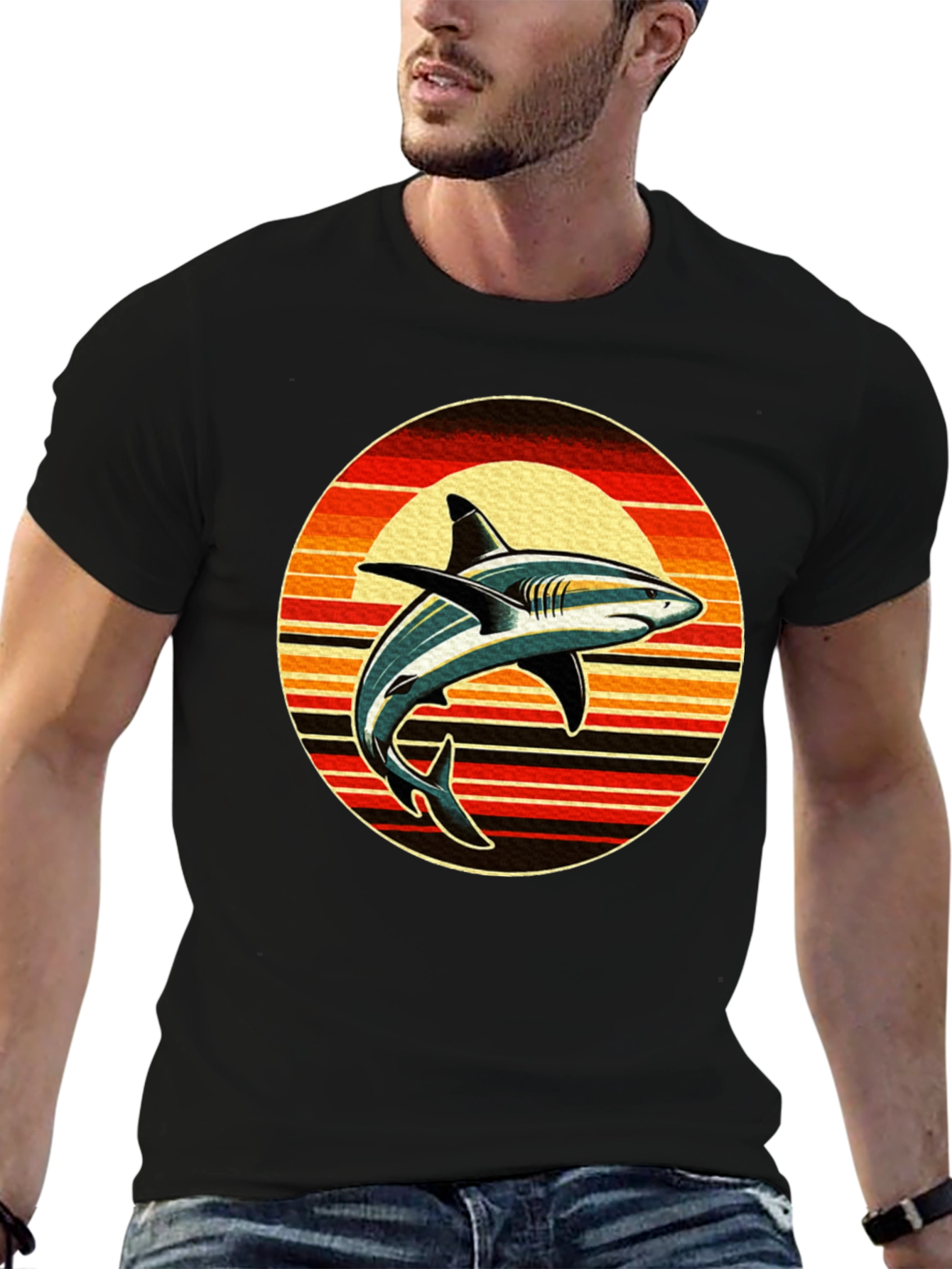 Retro Shark Sunset Graphic Tee - Black