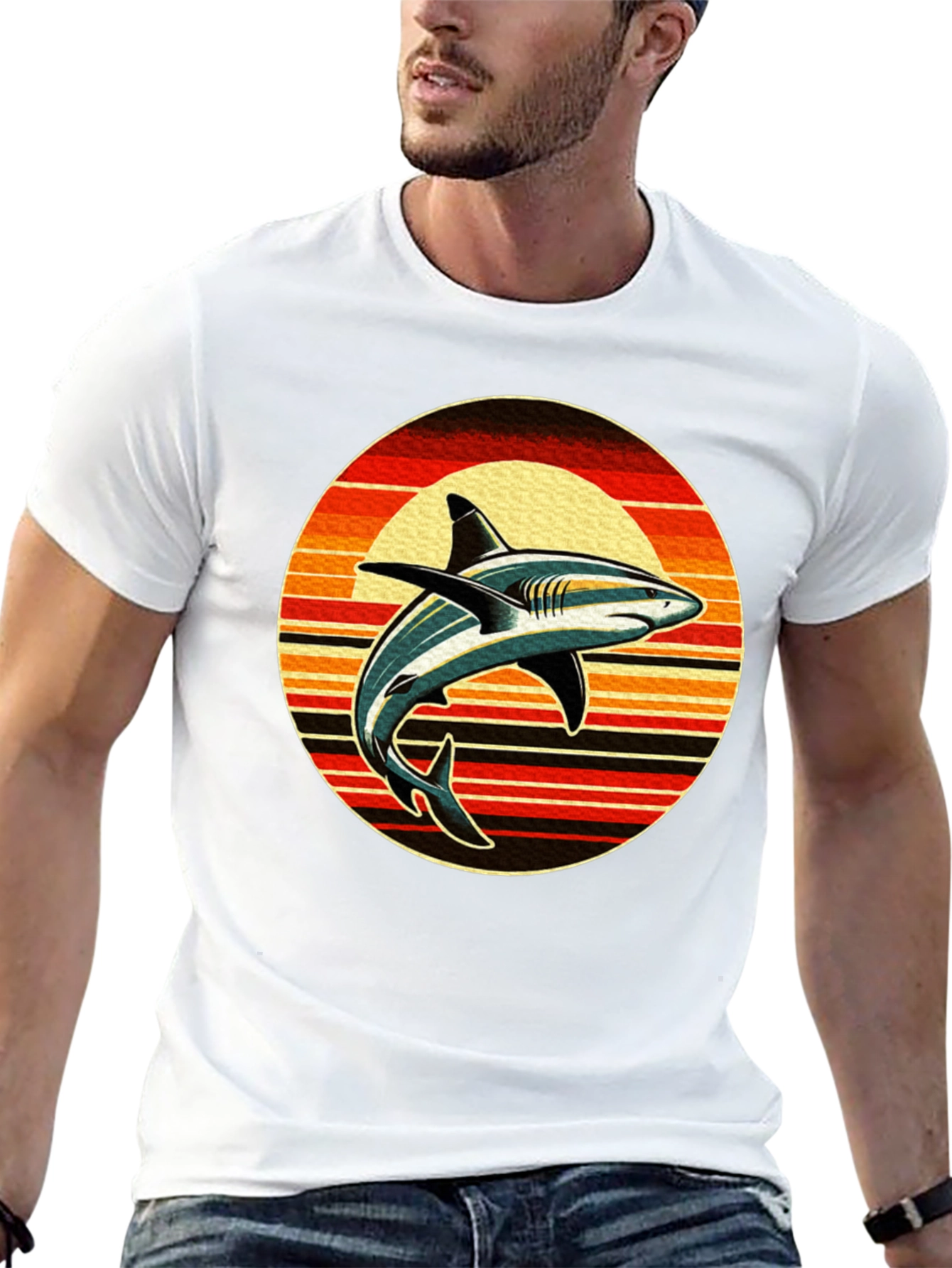 Retro Shark Sunset Graphic Tee - Black