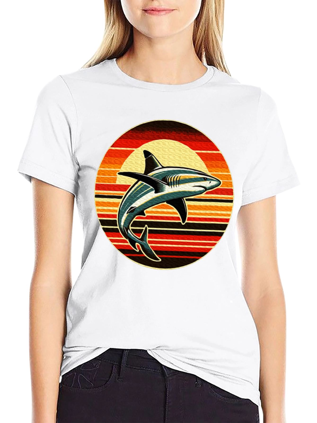 Retro Shark Sunset Graphic Tee - Black