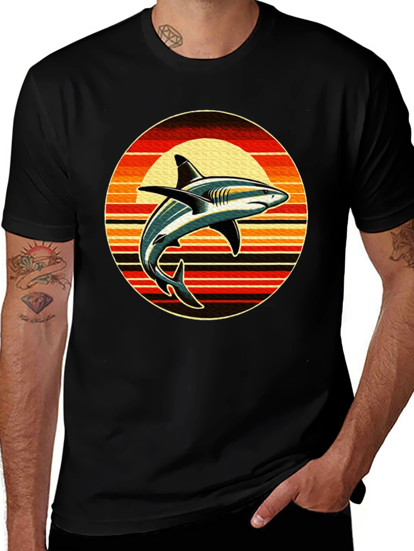 Retro Shark Sunset Graphic Tee - Black