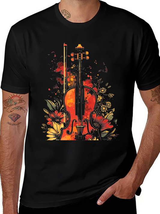 Floral Violin Graphic Tee - Black T-Shirt