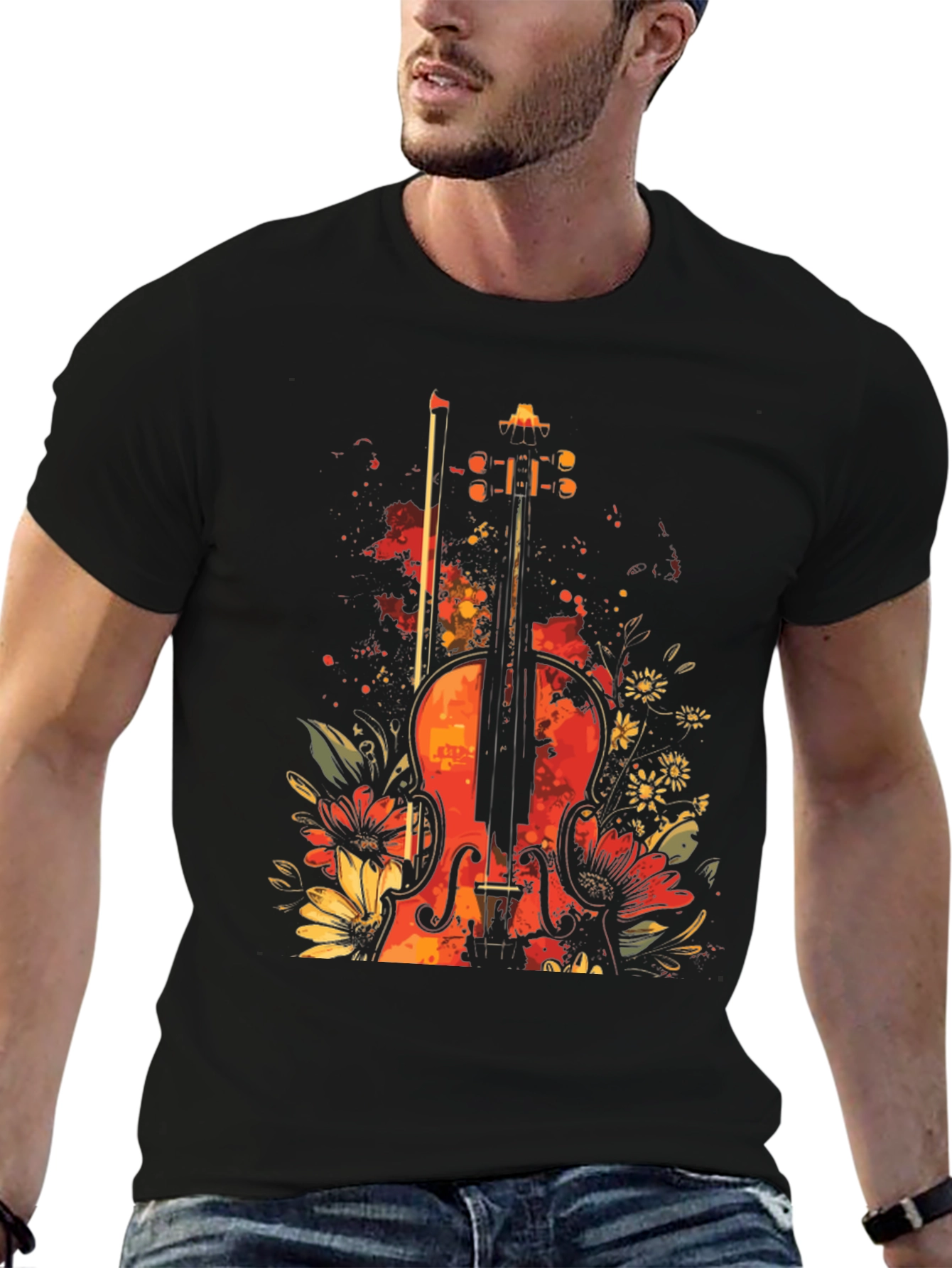 Floral Violin Graphic Tee - Black T-Shirt