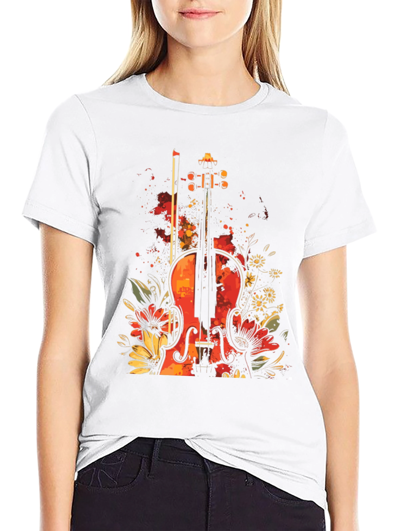 Floral Violin Graphic Tee - Black T-Shirt