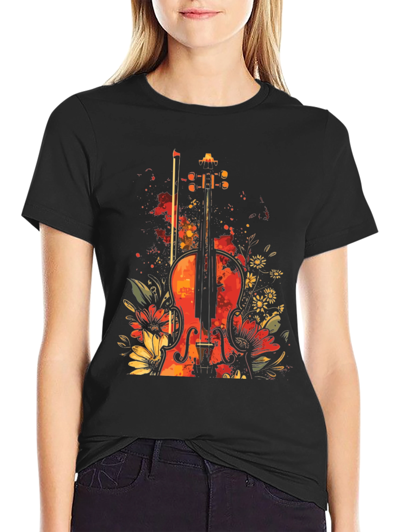 Floral Violin Graphic Tee - Black T-Shirt