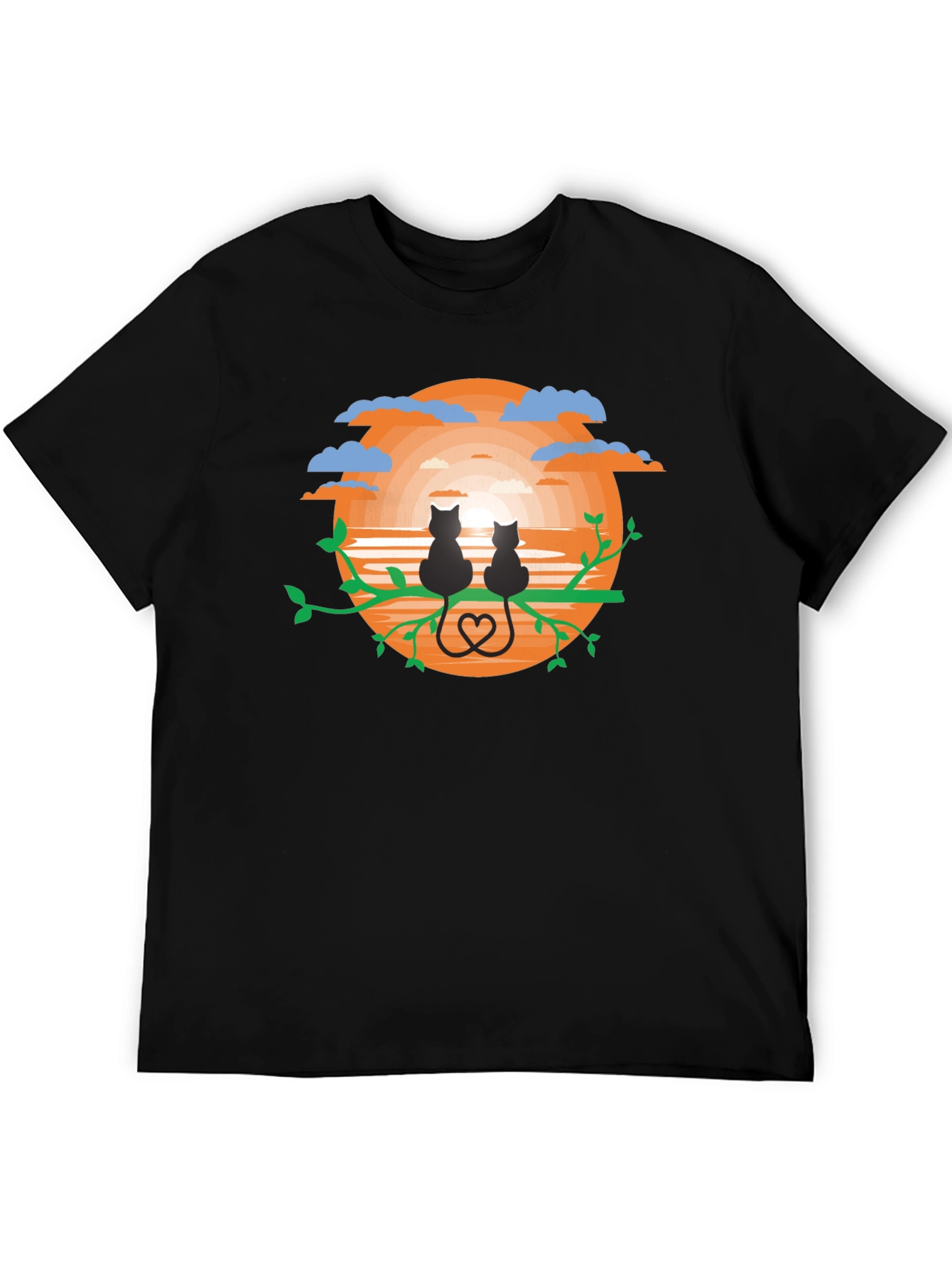 Sunset Cats Graphic Tee - Black Cotton Comfort