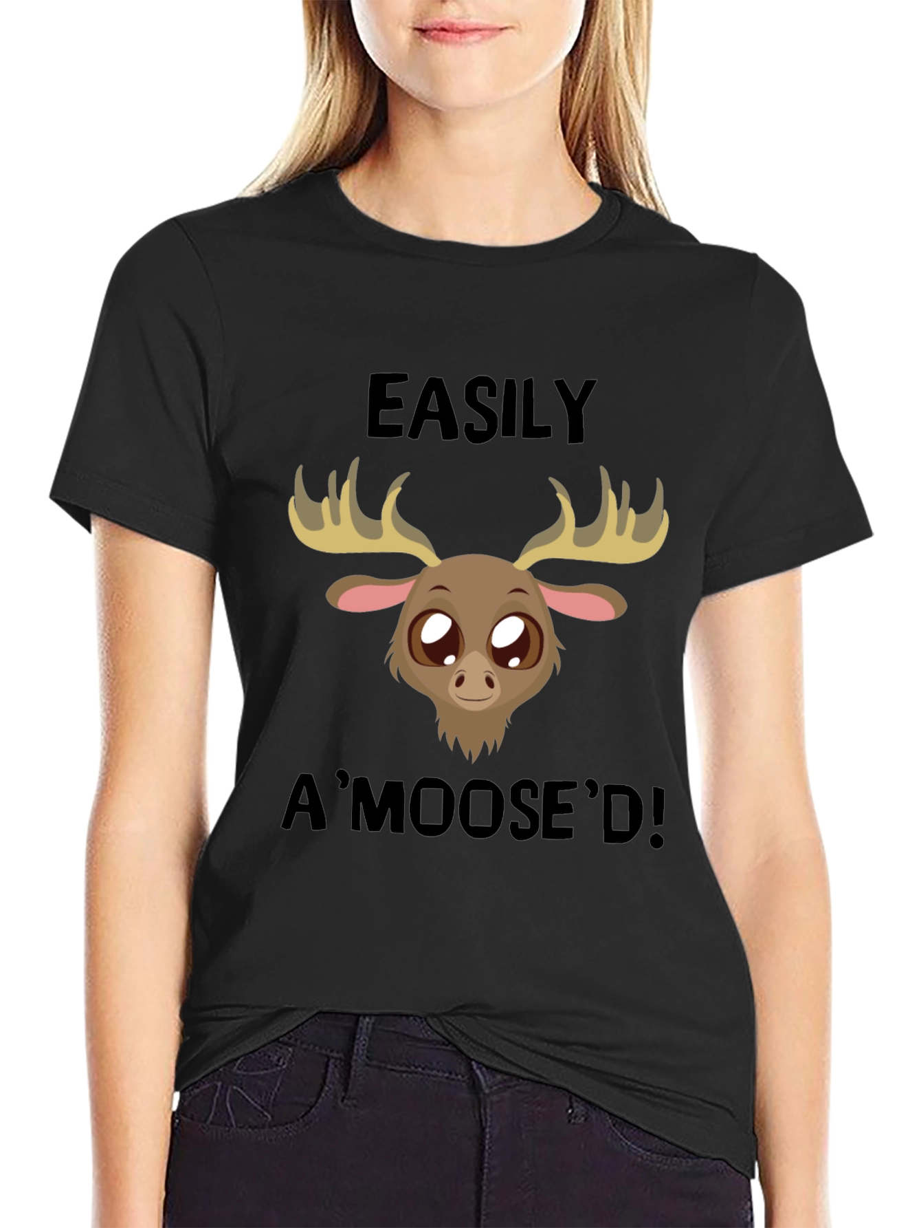 Easily AMoosed T-Shirt - Black Cute Cartoon Moose