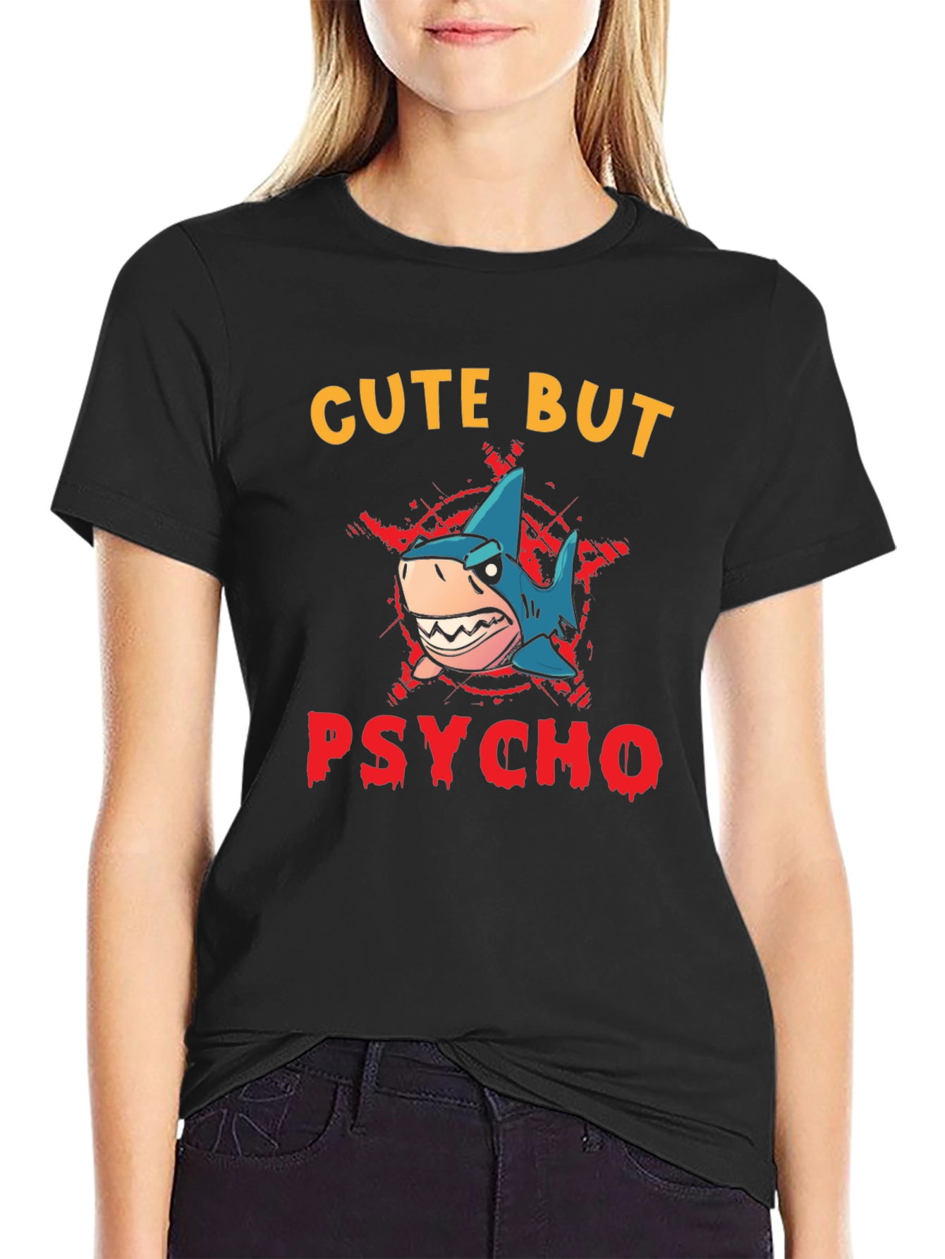 Cute But Psycho Shark Graphic Print T-Shirt - Black
